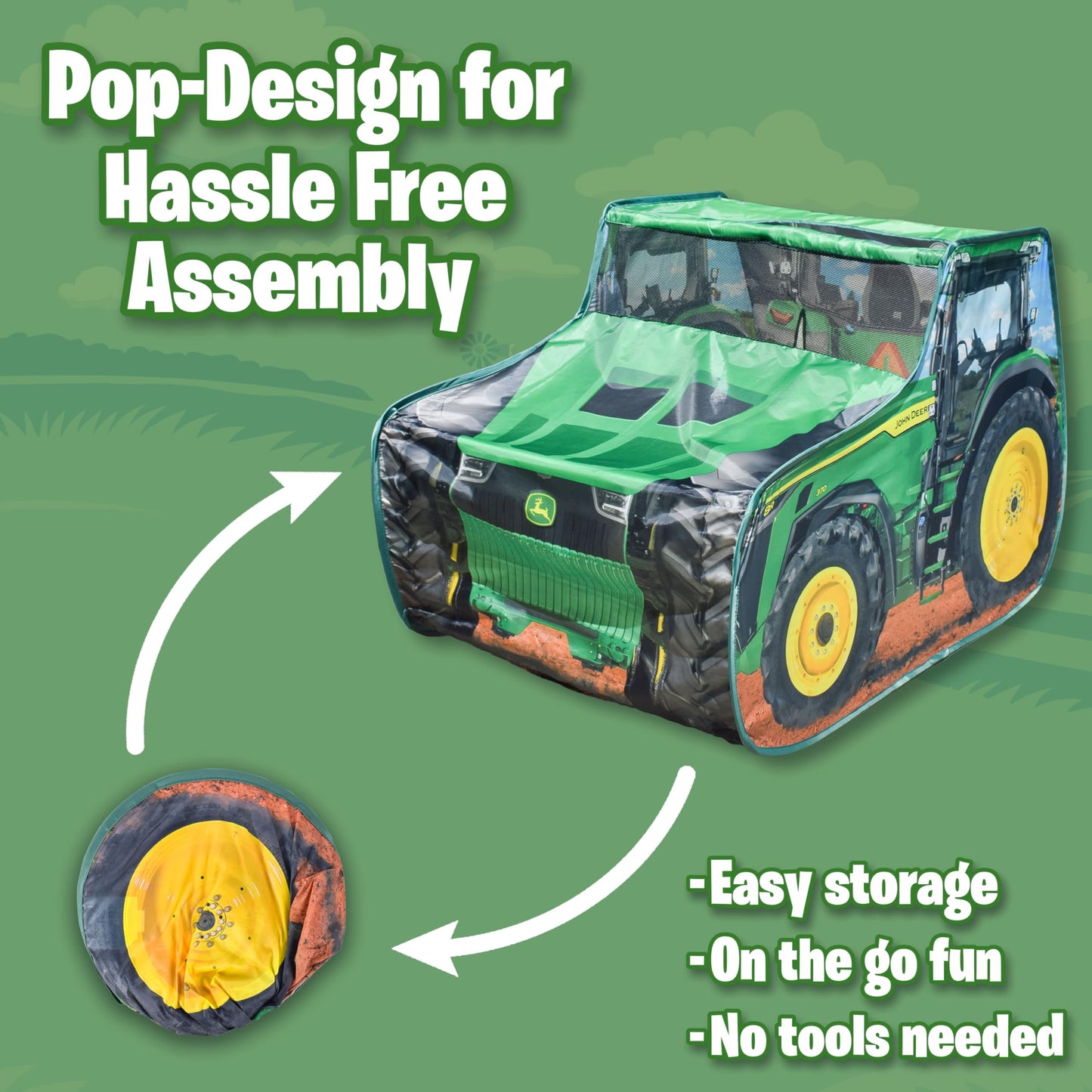 John Deere Pop Up Tent Tractor Playhouse for Kids, Removable Key Fob with Tractor and Farm Sounds, Vehicle Toys for Toddler