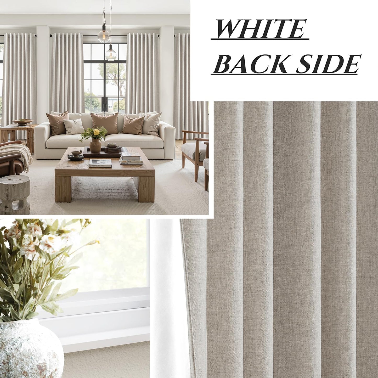 QJmydeco Black Out 96 Inch Long Boho Curtains 2 Panel Set, Farmhouse Curtains for Living Room Darkening/Thermal/Noise Reduction Textured Flax Linen Drape 8ft Hook&Ring Included Birch Off White 50"x96"