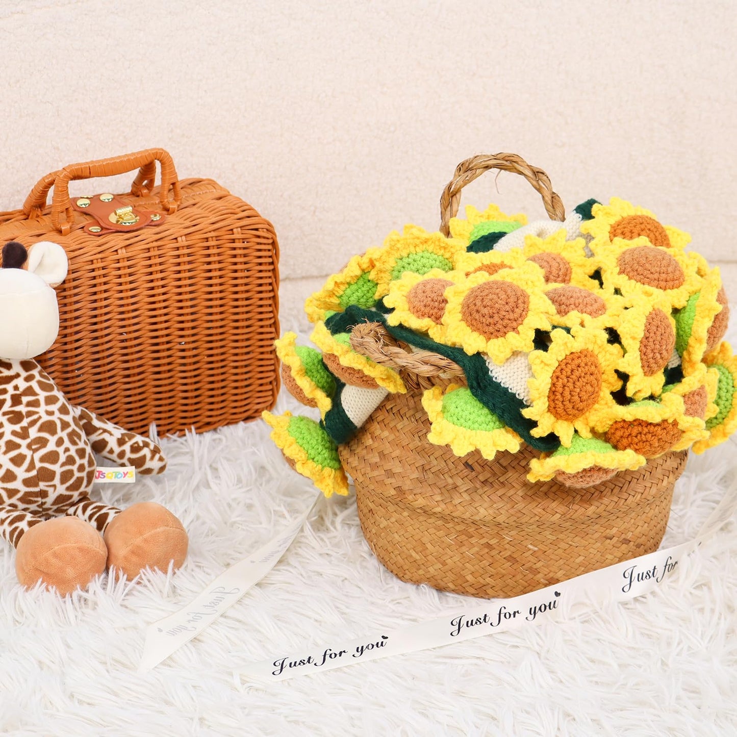 LOKOZ Sunflower Crochet Flower Bouquet Blanket, Teacher Appreciation, Mom Gifts for Mothers Day Grandma Birthday, Sunflower Gifts for Women friends Get Well, Knitted Floral Throw Blanket 31 Inches