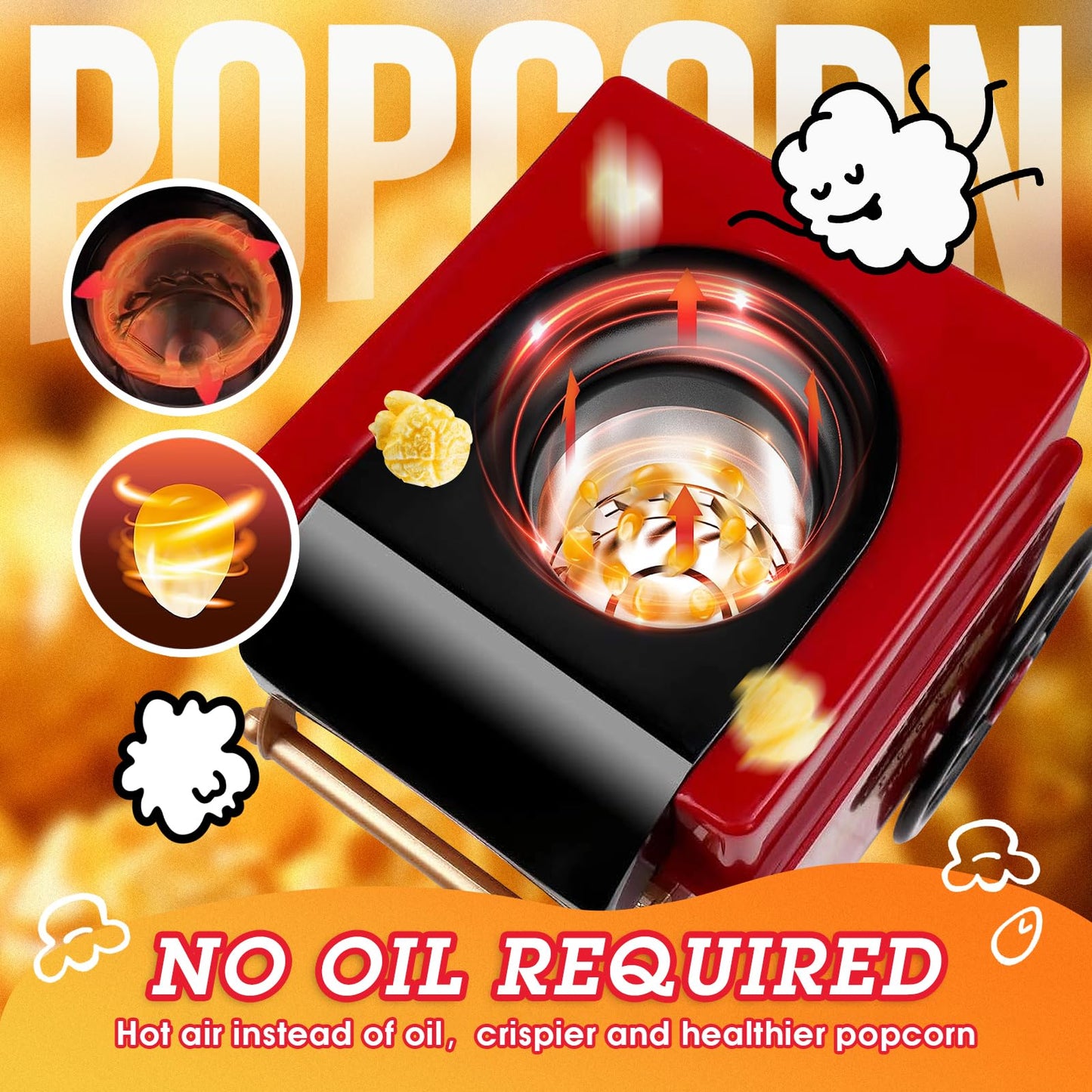 GVAKMM Popcorn Machine, Hot Air Popcorn Maker Kit Gift Box, Portable Home Popcorn Popper Machine, 10-Cup,Oil-Free,Retro Style,Compact and Cute