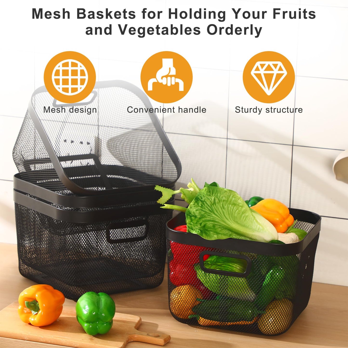 MorningRo 4 Pack Metal Mesh Steel Basket with Hollow Handles Square Wire Mesh Open Bin Fruit Storage Basket for Kitchen Bathroom Picnic Shopping Cabinet Home Items (Large,Black)