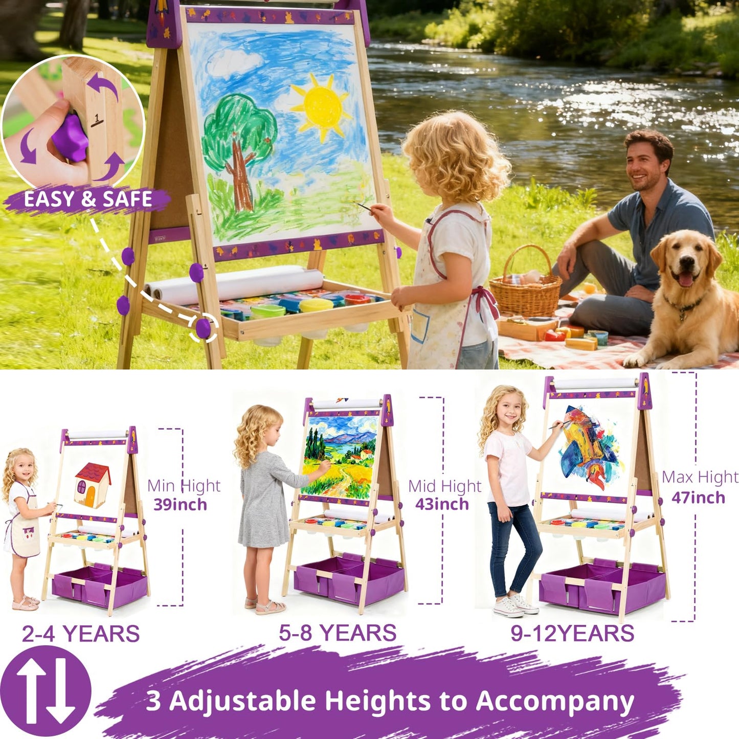 Art Easel for Kids with 3 Paper Roll, Magnetic Whiteboard and Chalkboard,Adjustable Standing Wooden Toddler Easel for Painting Double Sided,3in1 Painting Easel for Kids 2-4 4-8 Boys Girls Gift Purple