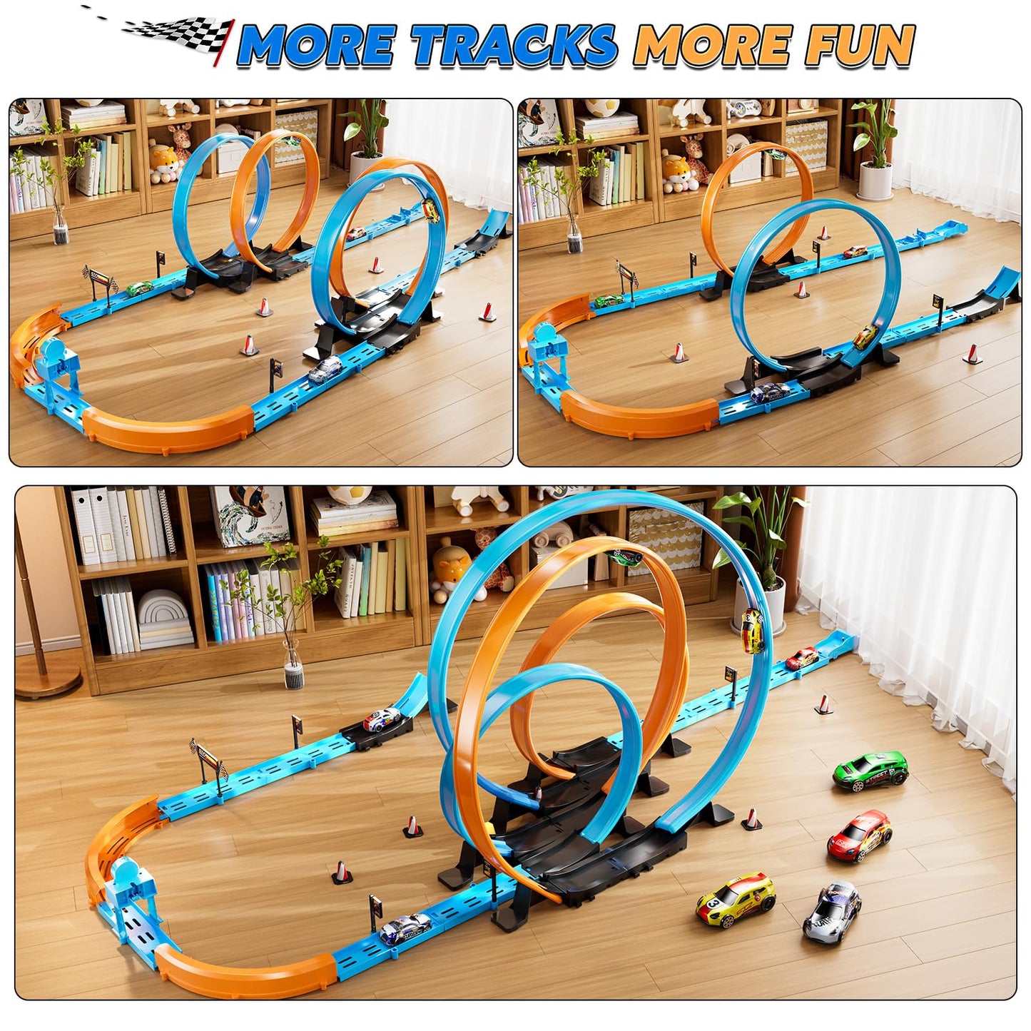 LILYBUDS Toy Car Track Set for Boys Kids Age 3-5 4-7 8-12, Long Race Tracks with 4 Action Loops and 4 High-Speed Slot Cars, 35+ Pieces of Race Track to Create Multiple Configurations
