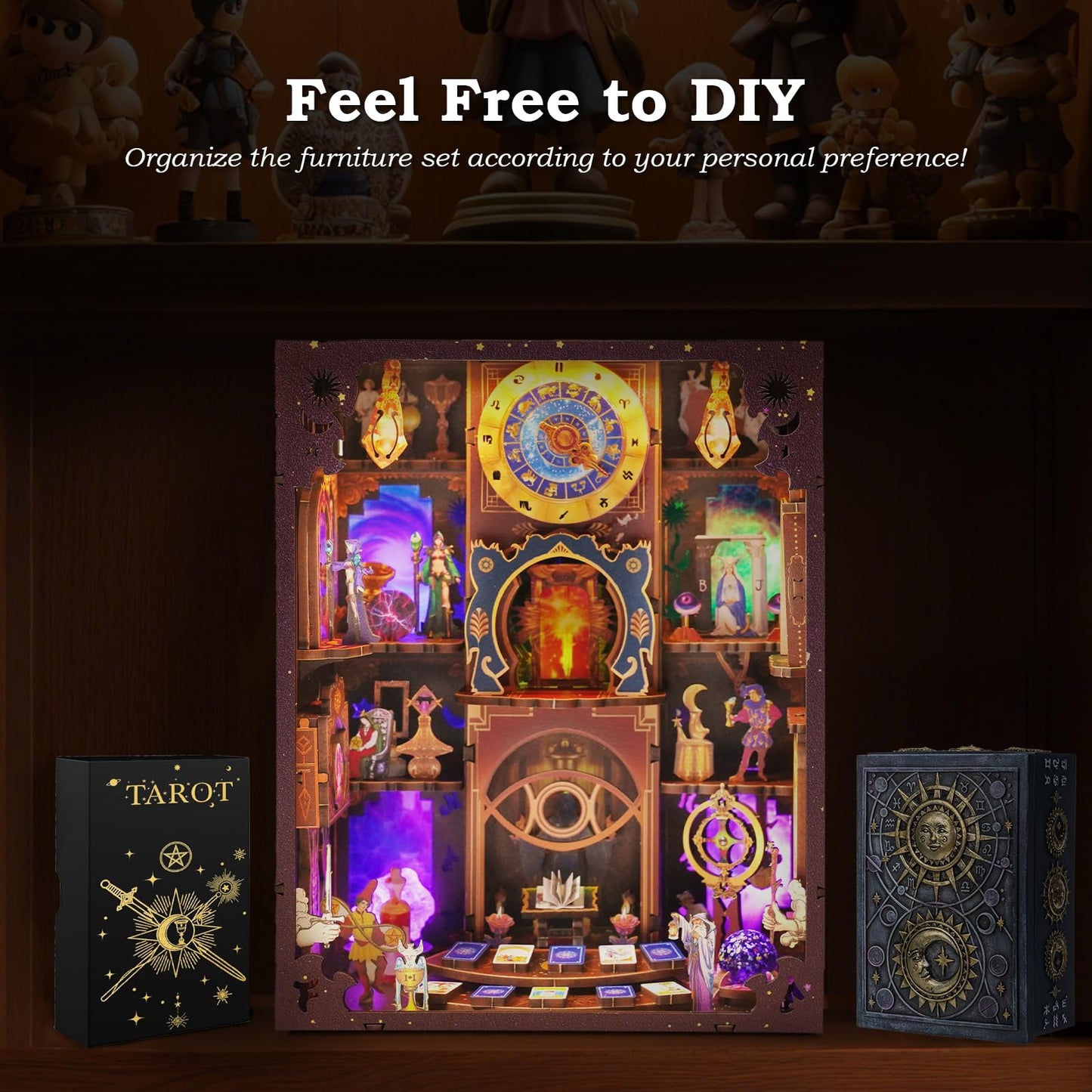 Book Nook Kit - Fantasy Tarot 3D Wooden Puzzle for Adults, Teens & Beginners, DIY Miniature Bookshelf Insert with LED Light, Mysterious Craft Gift for Model Builders