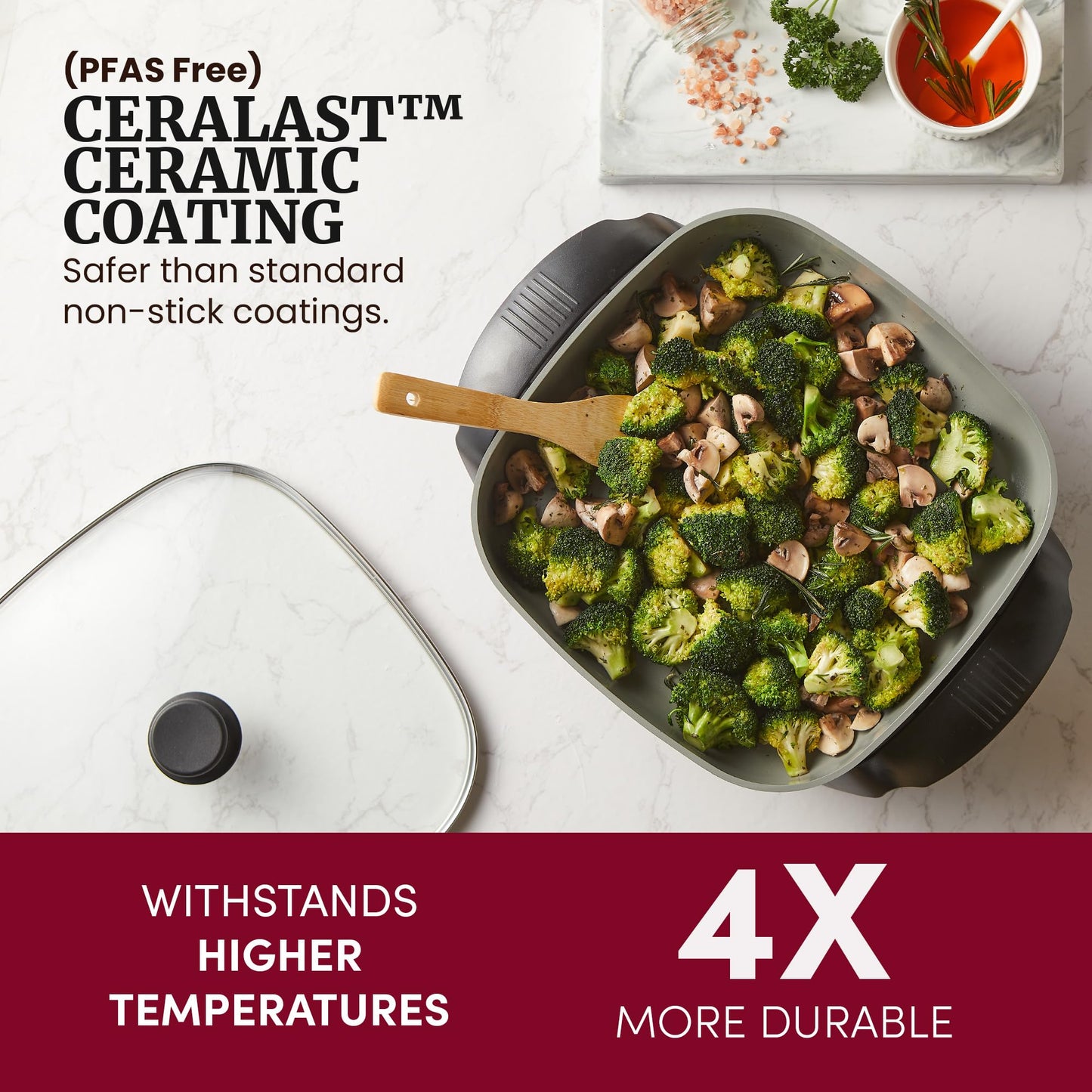 Elite Gourmet 12"x12"x2.15” Ceralast™ PFAS Free Ceramic Electric Skillet, Dishwasher Safe, Rapid Heat Up, 1200W, Dark Grey