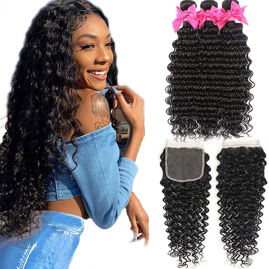 Aatifa Brazilian Virgin Deep Wave 3 Bundles with Closure 9A Grade Unprocessed Human Hair with 4x4 Lace Closure Free Part Natural Color, lace closure, (18/20/22+16 Inch)