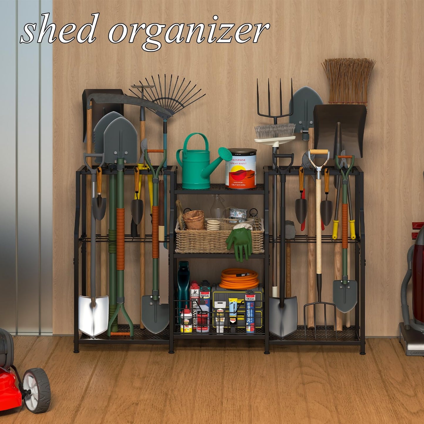 keomaisyto Garden Tool Organizer, Heavy Duty Yard Tool Tower Rack for Garage Organization and Storage, 3 Tier Utility Garden Tool Rack with hooks for Garden/Shed/Garage/Yard/Basement/Lawn