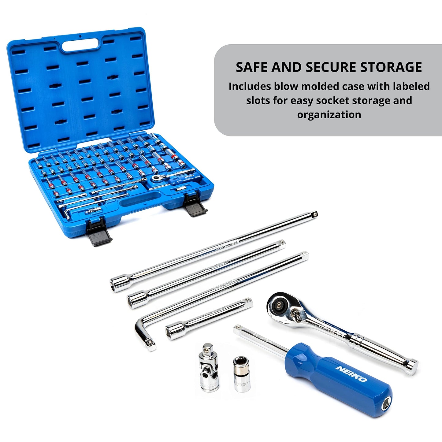 Neiko 02514A 1/4 Inch-Drive Ratchet and Small Socket Set, 58-Piece, Chrome Vanadium Steel, Multi-color