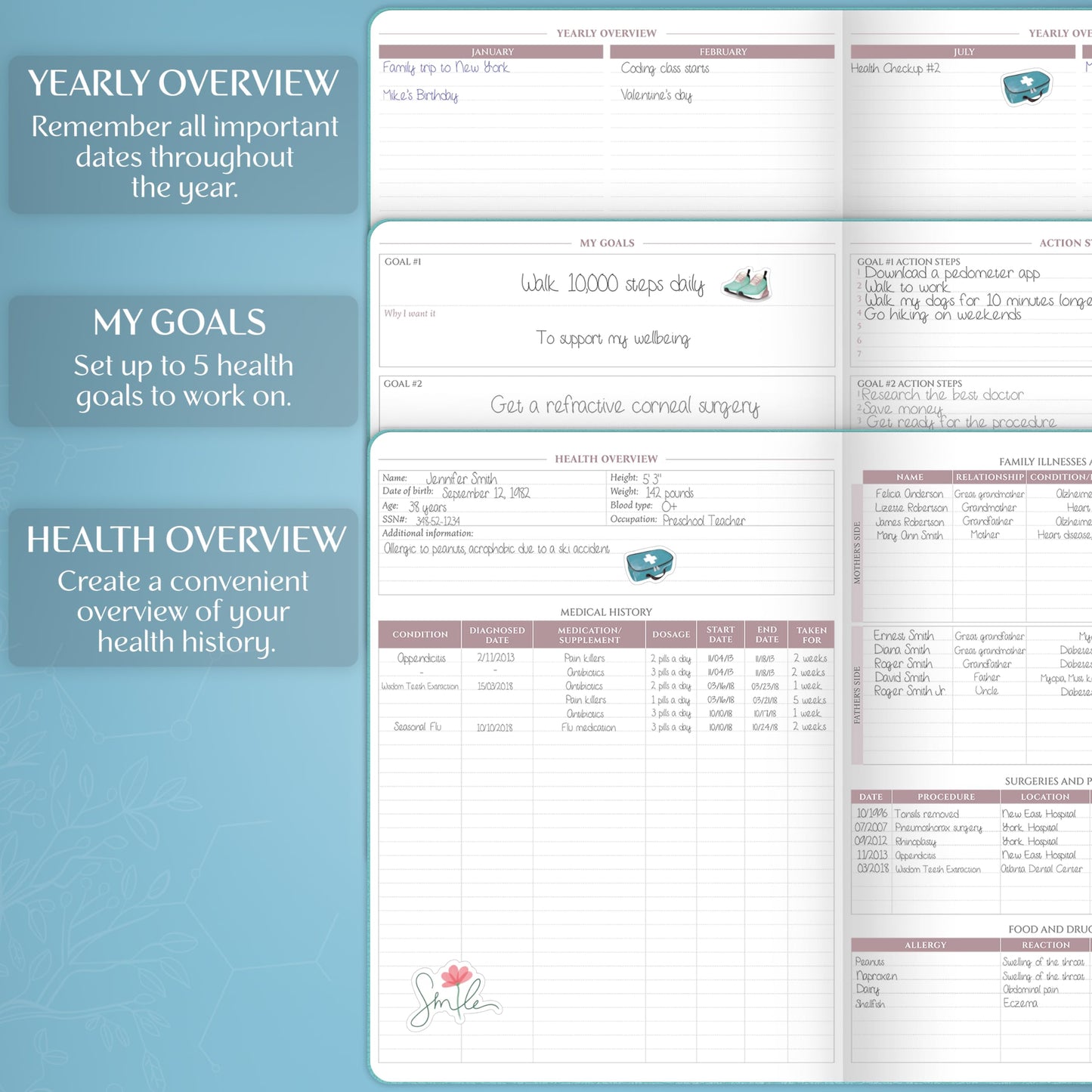 Legend Medical Planner – 12-Month Health Tracker Journal to Track Meals, Symptoms, Blood Pressure, Lab Test Results – Med & Wellness Notebook for Daily Self-Care & Health Goals (Aquamarine)