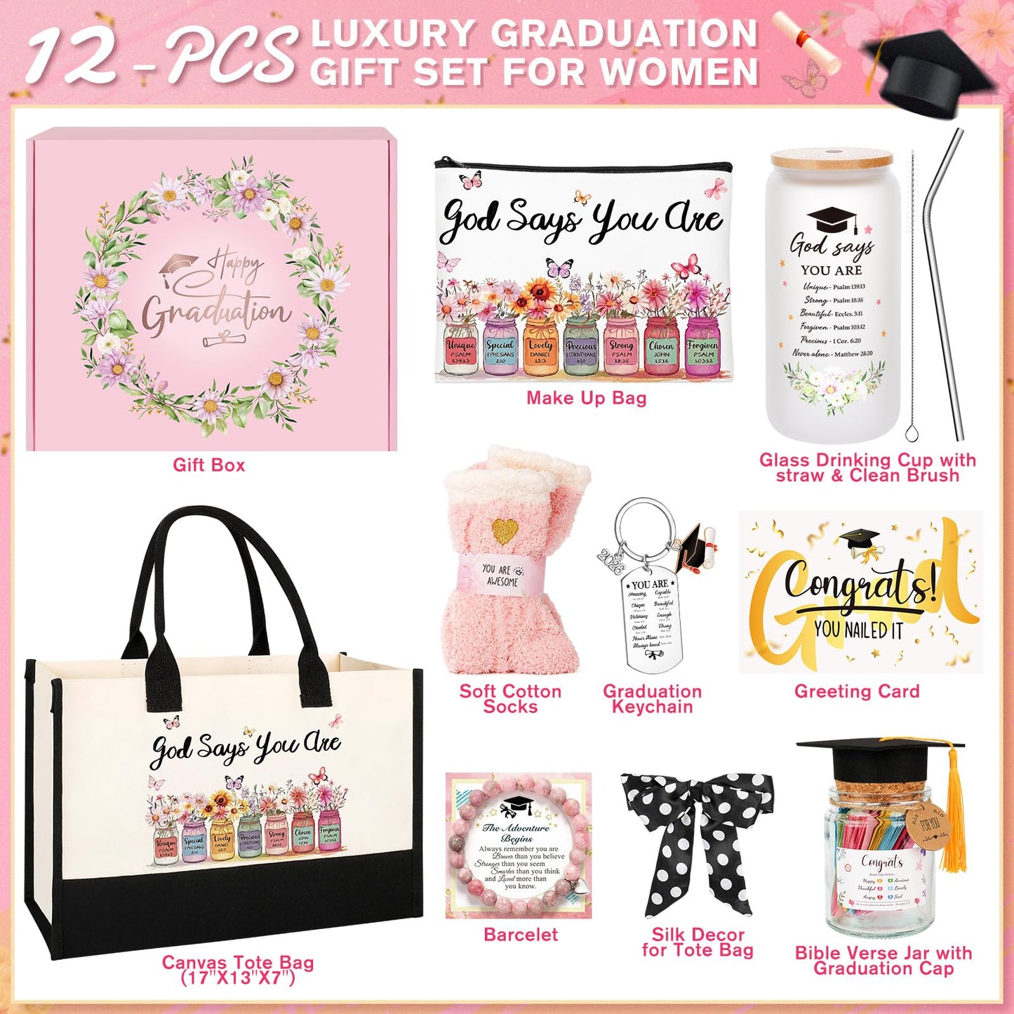 12PCS Graduation Gifts for Women,Her,Class of 2026 Graduation Gifts for Daughter Senior 2026 High School College PHD Masters Degree Graduate Gift for Her, Christian Gifts for Women Faith