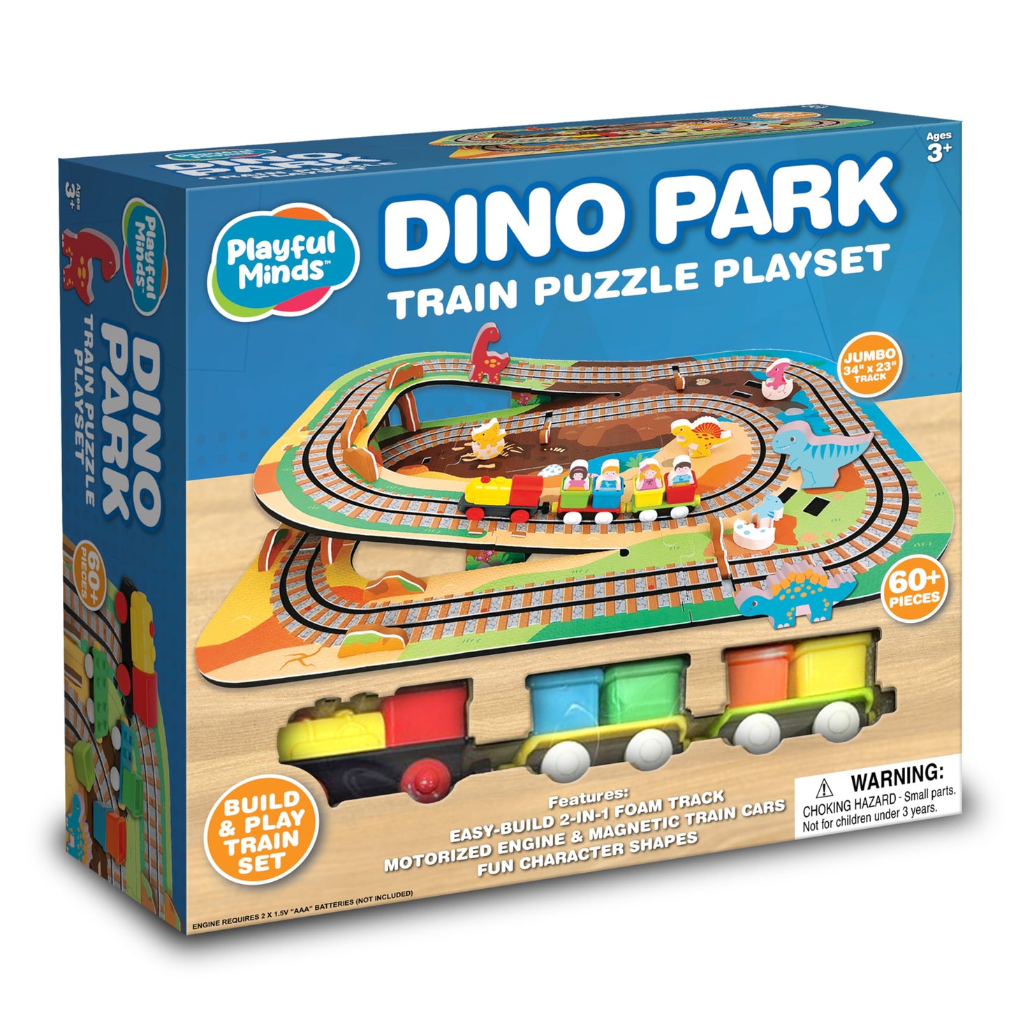 Playful Minds Dino Park Train Puzzle Playset – 60 Pc Build and Play Railway Set for Toddlers and Kids Ages 3-5 – EVA Foam Puzzle Track with Motorized Train and Cars