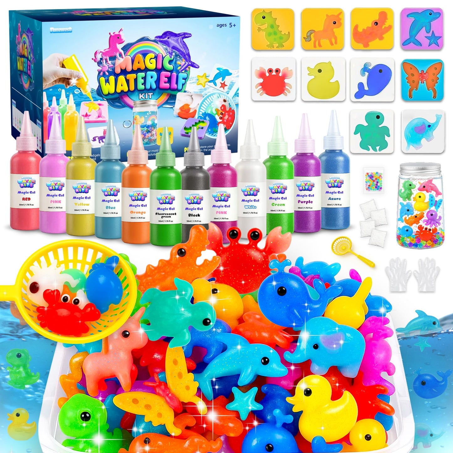 Funewest Magic Water Elf Toy Kit, Aqua Fairy Water Gel Kit with 12PCS Aqua Jelly Gels & 10 Molds for Squishy Maker, Creative Art Craft Gifts for Kids Girls 6-10, Party Favors Birthday Christmas