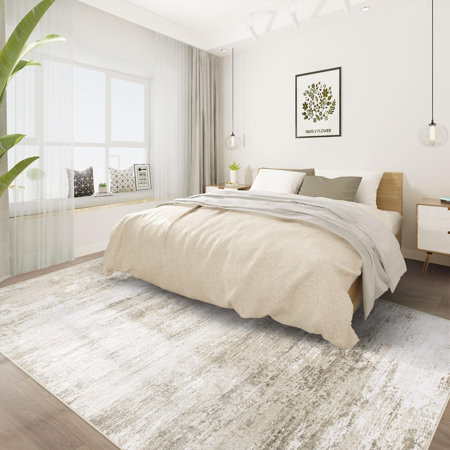 Washable Rug 5x7 Area Rugs for Living Room: Neutral Soft Rug Abstract Non Slip Low Pile Modern Carpet for Bedroom Kitchen Nursery Office Dining Room Indoor (Beige, 5'x7')