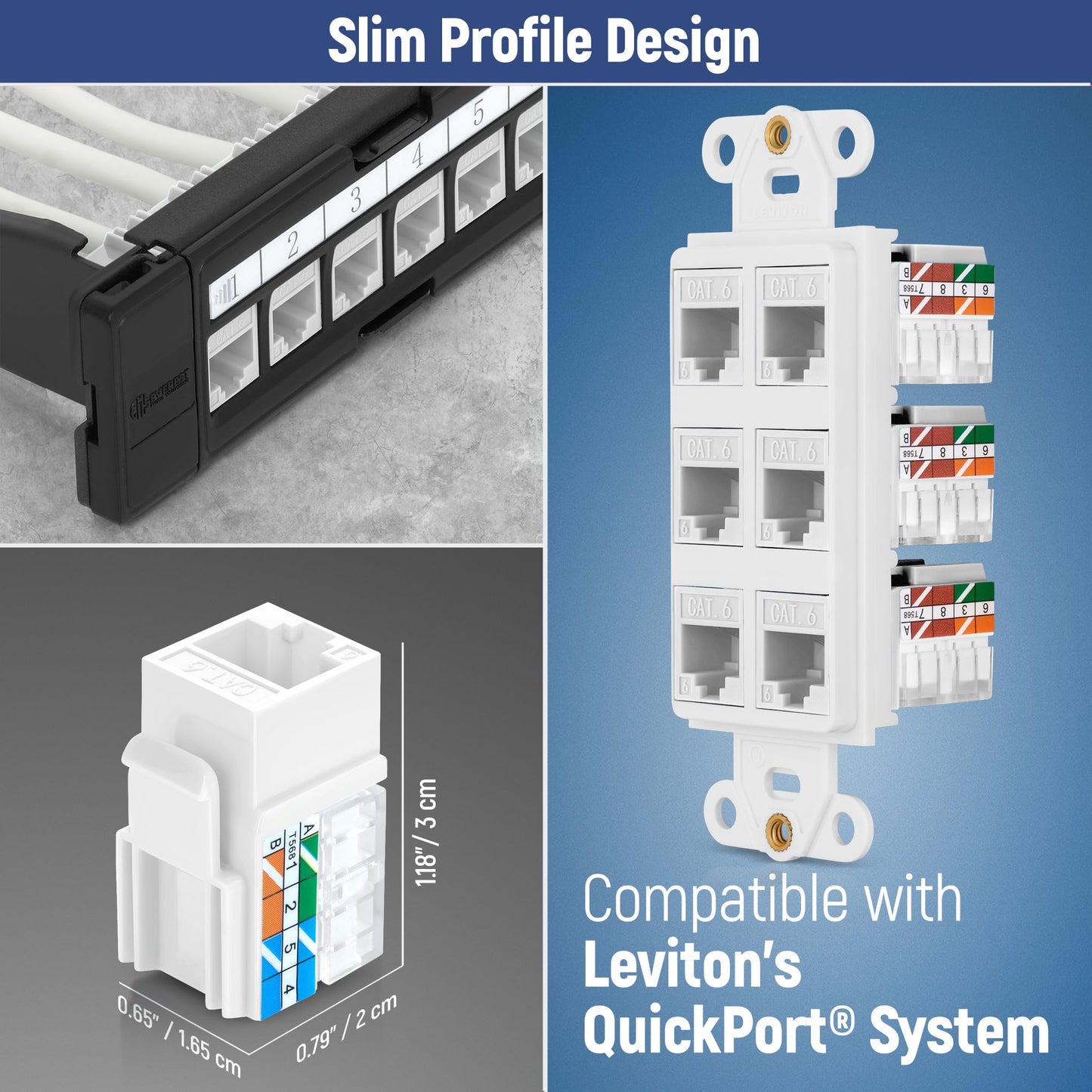 Everest 90° Angled Cat6 Keystone Jacks 50-Pack in White - Slim Profile Female RJ45 Connectors - RJ45 Keystone Jack - Ethernet Wall Jack - Cat 6 Keystone Jack - Cat 6 Wall Jack - Cat 6 Jack