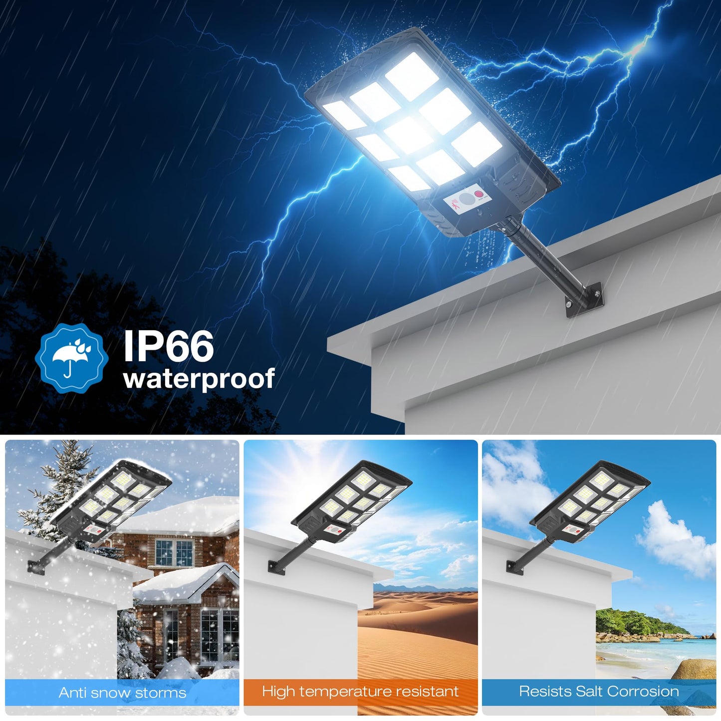 Solar Lights Outdoor,IP66 Waterproof Solar Street Lights Outdoor,6500K LED Dusk to Dawn Security Flood light with Motion Sensor and Remote Control for Yard,Parking Lot, Courtyards,Garages 4-Pack