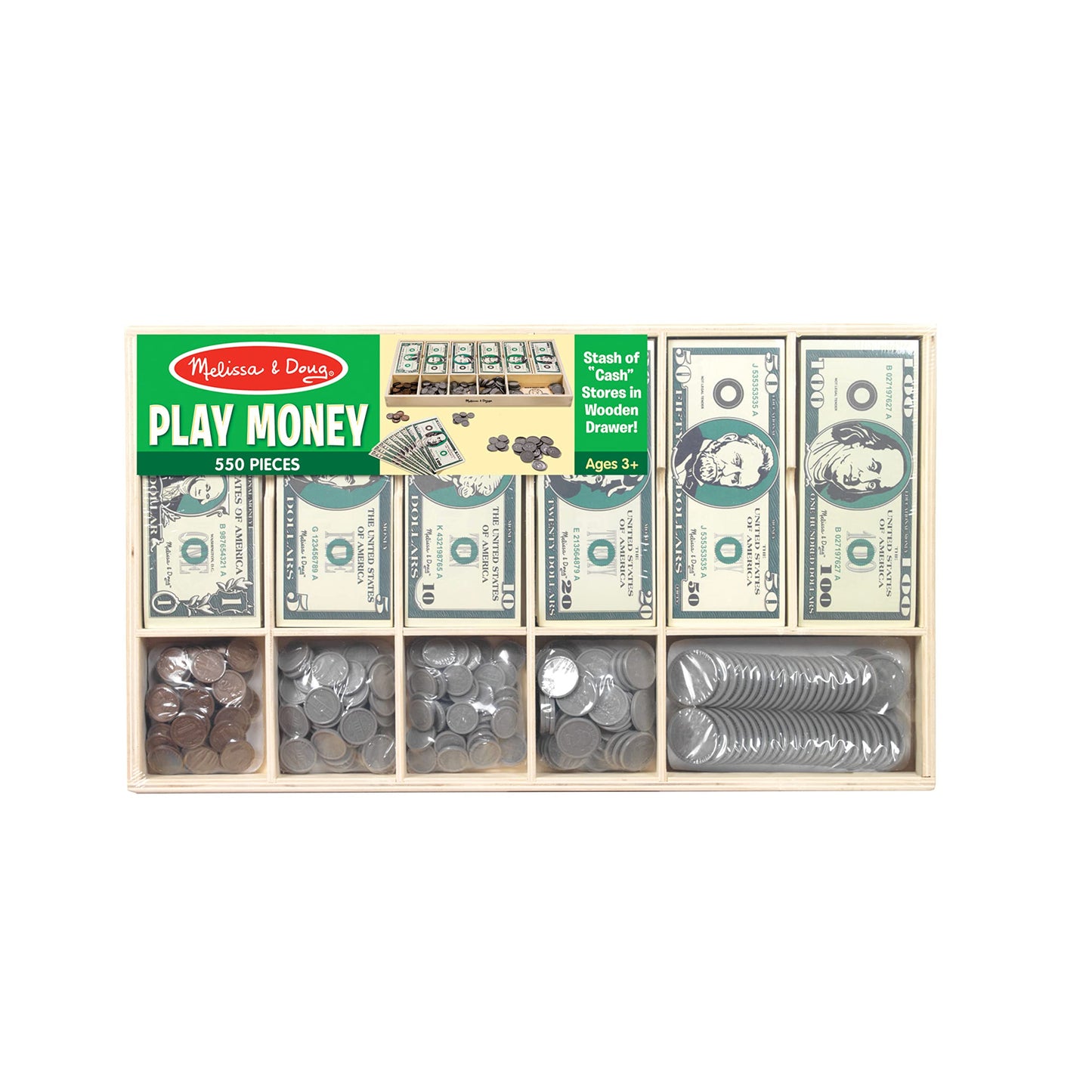 Melissa & Doug Classic Play Money Set, Developmental Toys, 50 of Each Denomination, Wooden Cash Drawer (45.085 cm H x 26.035 cm W x 3.175 cm L)