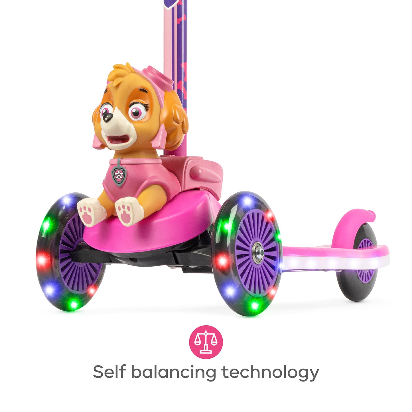 Paw Patrol Skye Kick Scooter for Kids, Self-Balancing 3 Wheeled Light Up Scooter with Extra Wide Anti-Slip Deck, Rear Brake, Lean to Steer, Lightweight Design, for Kids 3 and up, 75 LB Limit