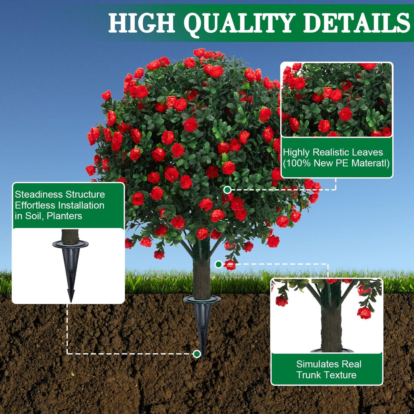 Set of 2 Artificial Boxwood Topiary Ball Trees with Red Flowers for Outdoor with Ground Spike 22", UV Resistant Faux Greenery Shrubs, Fake Plants for Garden, Yard, Porch, Patio Valentine's Day Decor