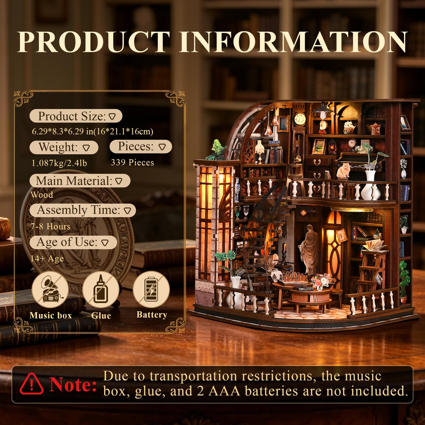 SUNNINO Library Book Nook Kits for Adults, DIY Miniature Dollhouse Bacchus Book Nook Kit, 3D Wooden Puzzle Bookshelf Decor Craft Kits Gift with Led Light for Friend Family