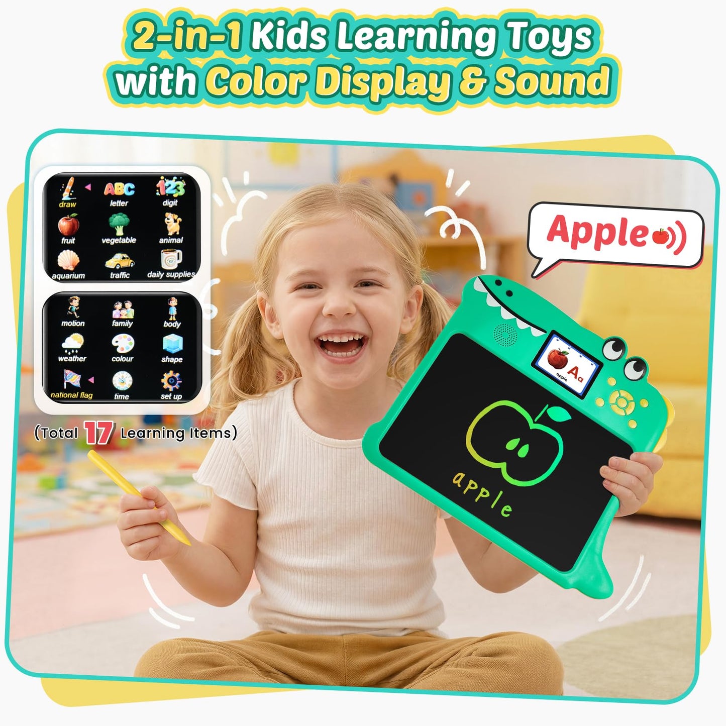 2-in-1 LCD Writing Tablet for Kids & Learning Tablet for Kids Ages 4-8 (17 Learning Themes), Charging Erasable Board, Educational Learn Alphabets Toys Birthday Gifts for Girls Boys