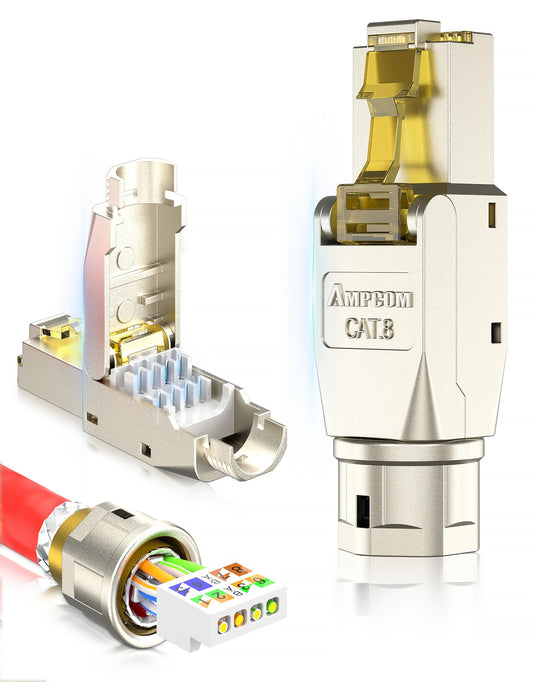 AMPCOM STP CAT8 RJ45 Connector Zinc-Alloy Tool-Free Ethernet Field Termination Modular Plug -12 pack