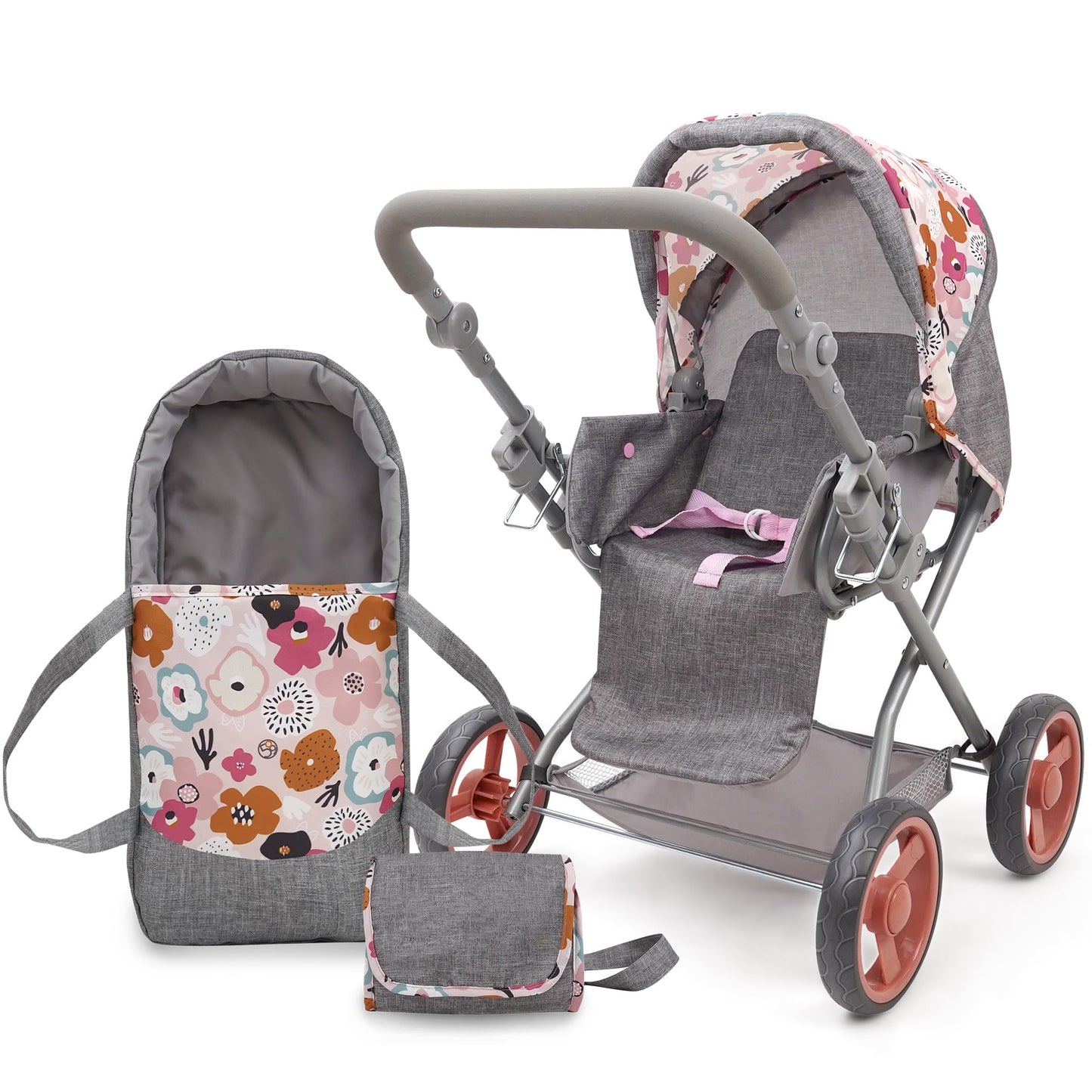 509 Crew: Melange Flora - Kelly Deluxe Doll Pram - Matching Bag, Removable Carrycot, Large Canopy, Shopping Basket, Doll Accessory, Kids Toy, Ages 3+
