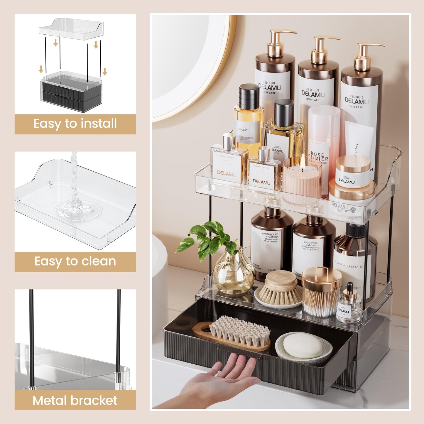 Delamu Bathroom Organizers and Storage, 2-Tier 2-Drawer Makeup Organizer Countertop, Easy to Install, Ideal for Bathroom Storage, Vanity, Large Skincare, Perfume, Present, and More, Black