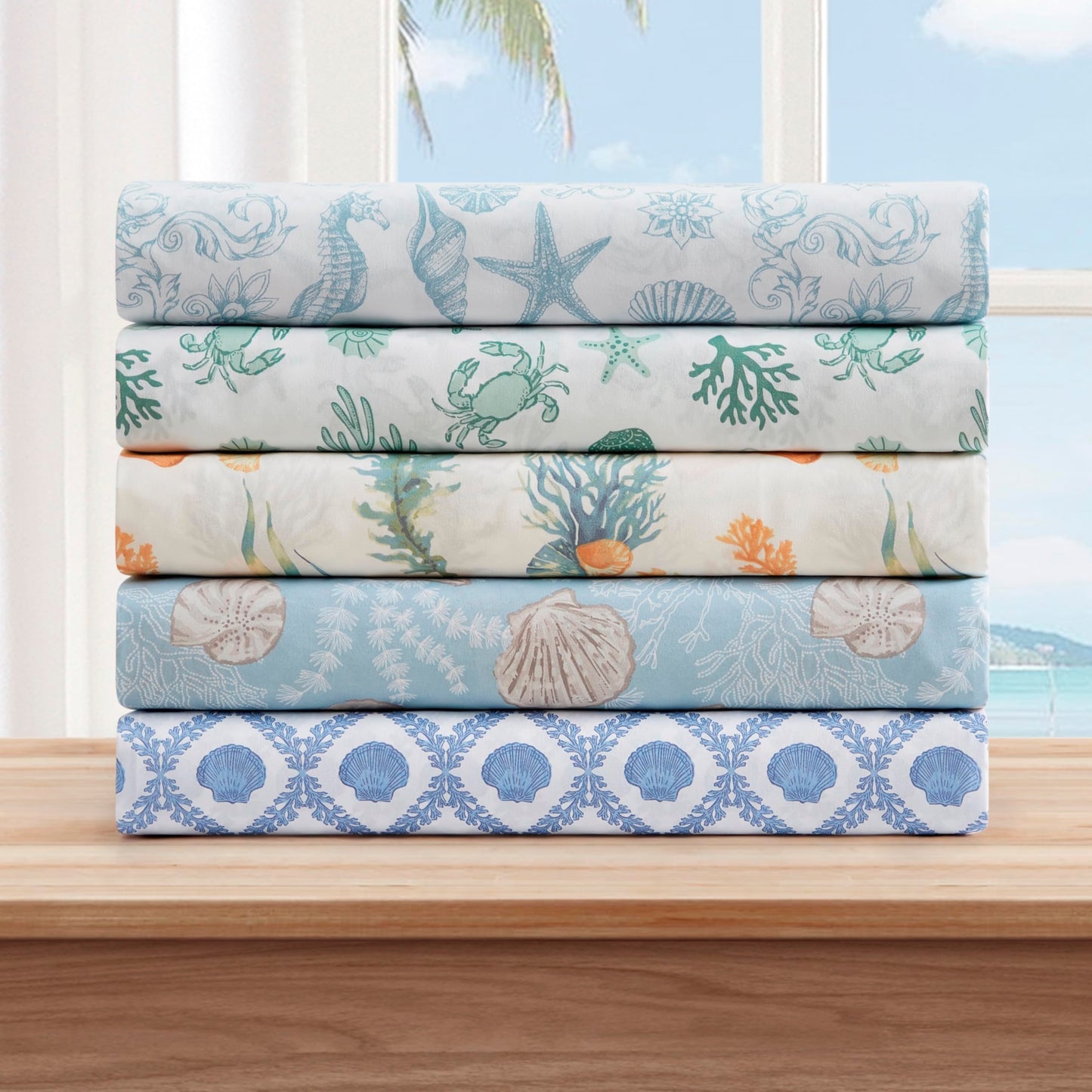 Caribbean Joe Coastal Print Microfiber Sheet Set, Soft, Comfy, 12" Deep Pockets, 4-Piece Full, Coastal Brocade