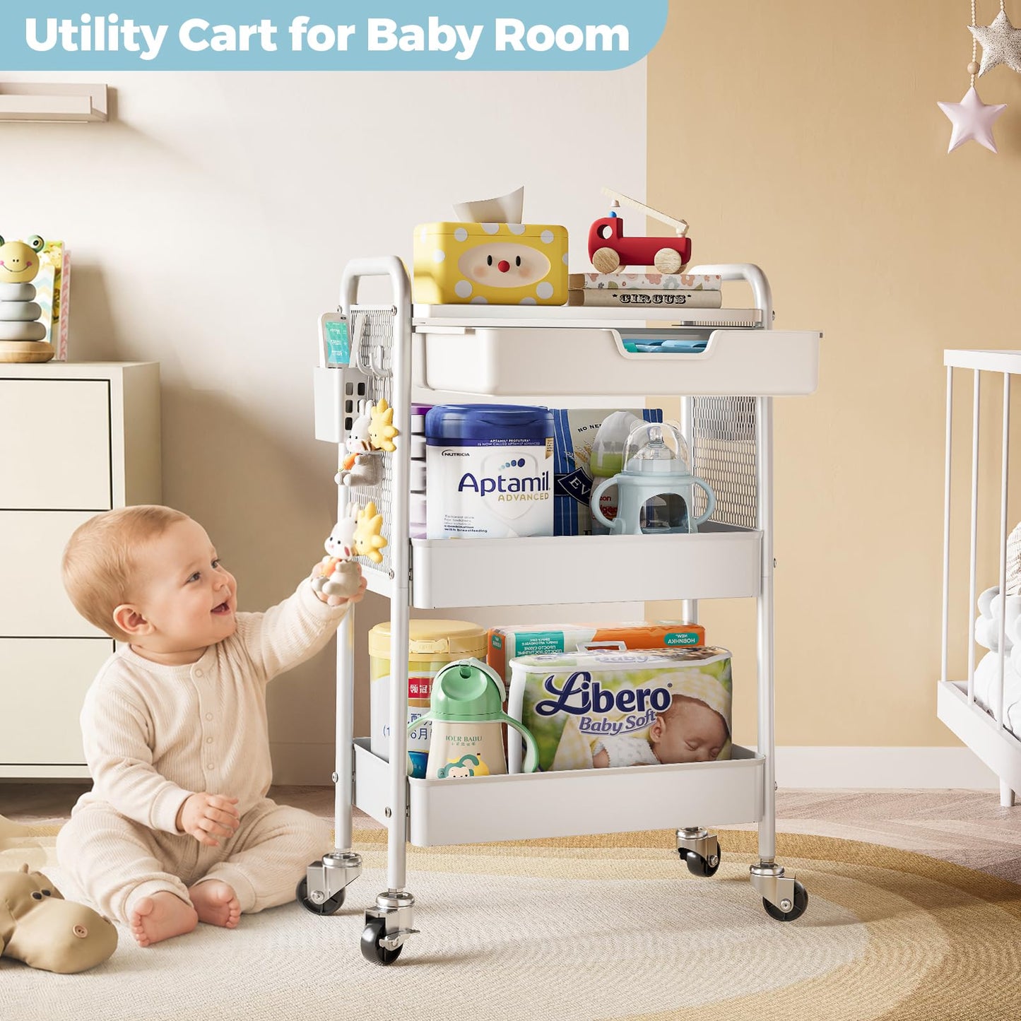 3 Tier Metal Rolling Utility Cart with Drawer & Pegboard - Multifunctional Storage Cart on Wheels with Tabletop, Hooks & Basket, Sturdy Craft & Art Cart for Bathroom, Bedroom, Children Room, White