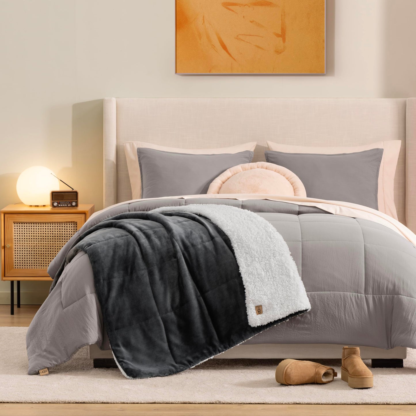UGG Nita Throw Blanket for Bed, Soft Reversible Plush Throw for Couch and Living Room, Cozy Fluffy Blanket, Washable Bedding, Home Decor, 50-inch x 70-inch, Charcoal Grey