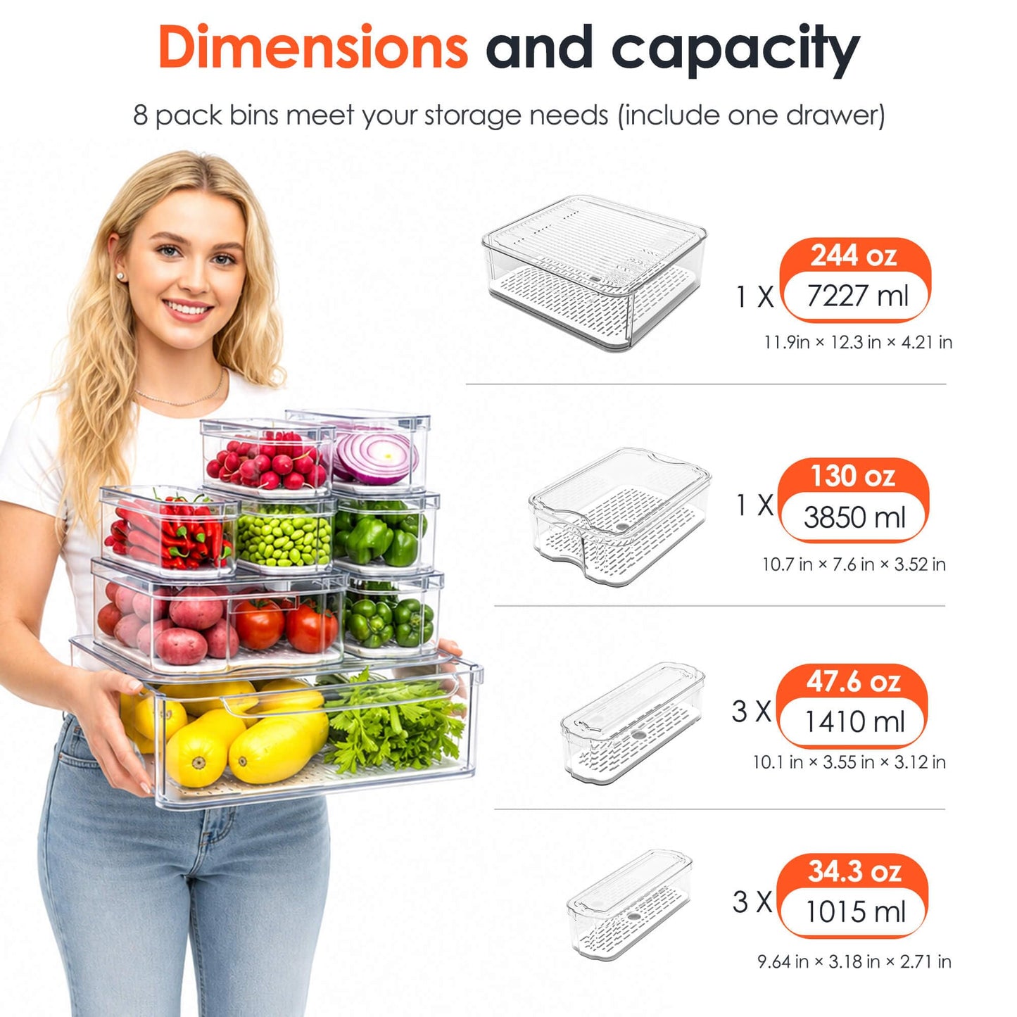SMRCAD Fridge Organizers and Storage, 8 Pack Clear Freezer Organizer Bins with Lids for Kitchen, Pantry, Refrigerator, Food, Fruit, Vegetable Storage (8 Bins (Include Pull-out Drawer))