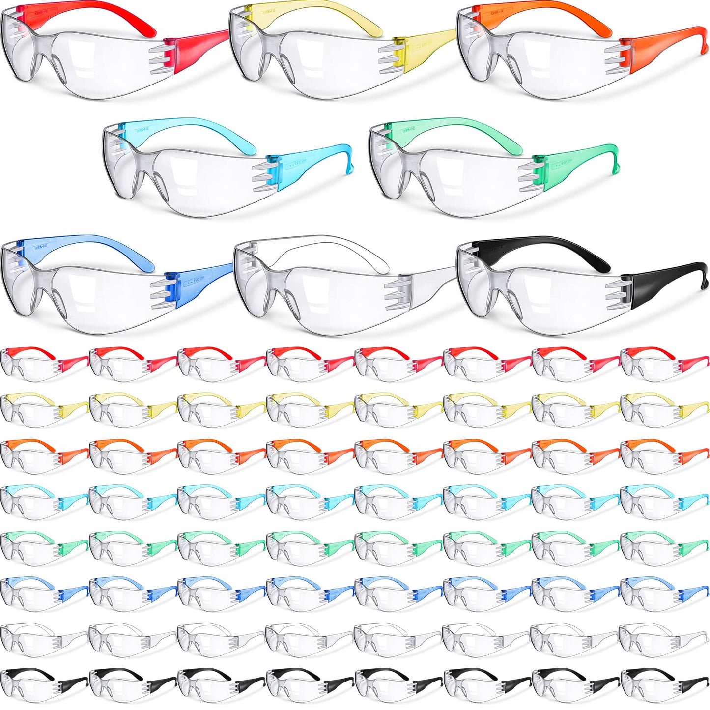 Yunsailing 64 Pairs Clear Safety Glasses for Man Woman Protective Glasses with Anti Fog Lens Scratch Impact Resistant Adult Color Temple Wrap Eye Protection Lab Shooting Construction