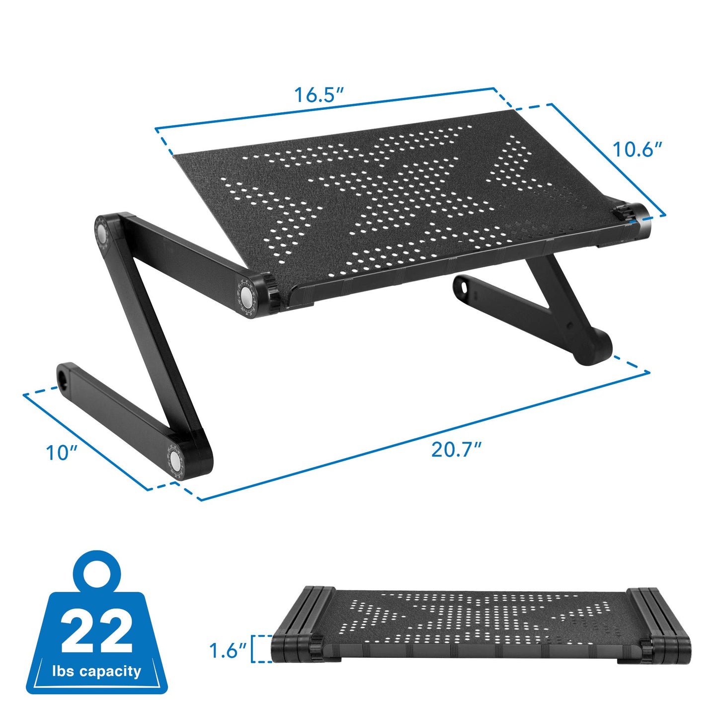 Mount-It! Adjustable Laptop Stand & Lap Desk, Freestanding Sit-Stand Laptop Tray for Bed, Couch, Desk & Floor, 22 lb Capacity, 1.6–18.9” Height, Ventilated Aluminum, Ships Fully Assembled