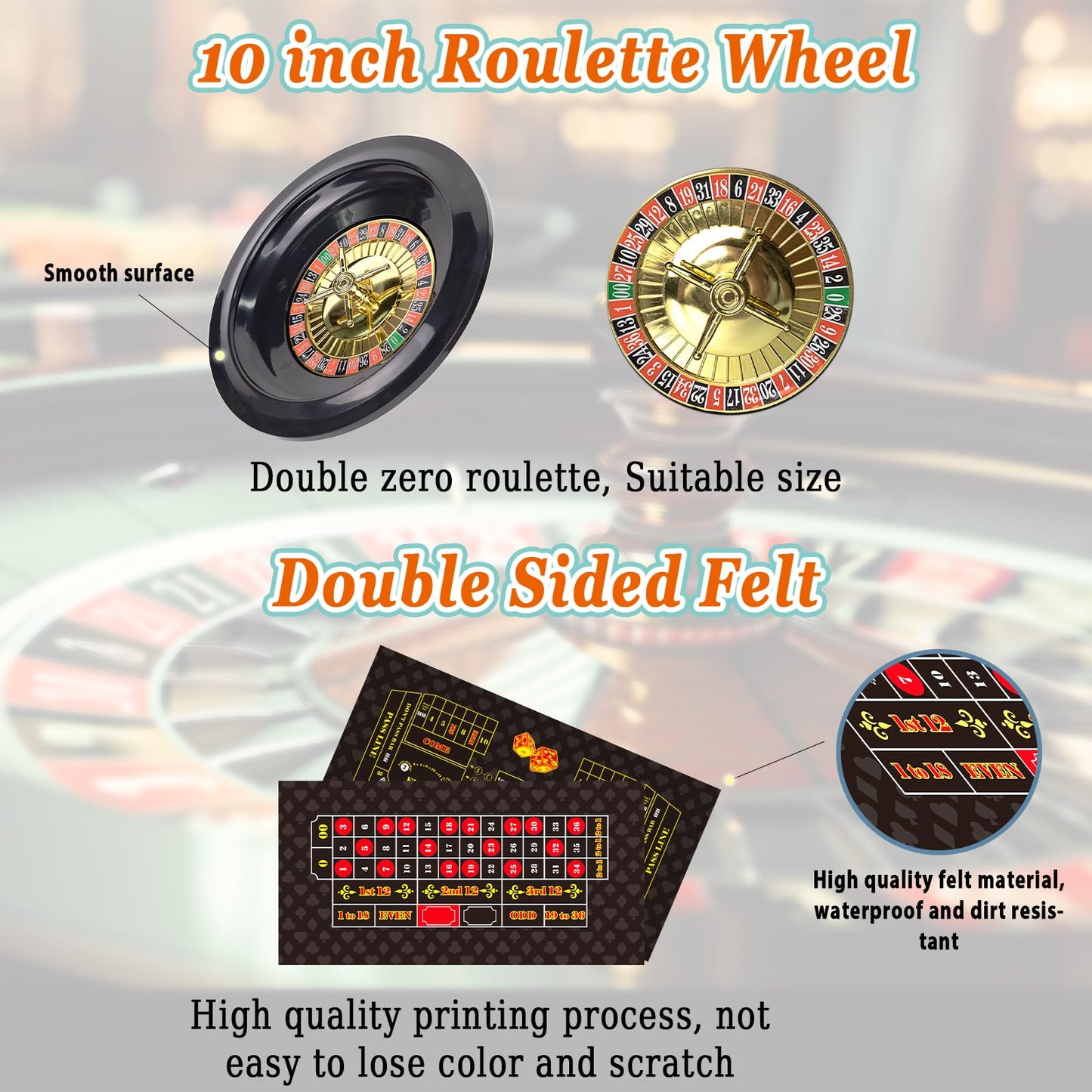 Roulette Wheel and Craps Set with Large Double Sided Felt, 10 Inch Roulette Wheel, Chip Rake, 200 Chips, Roulette Marker, 3 Dices, Perfect for Game Night Party