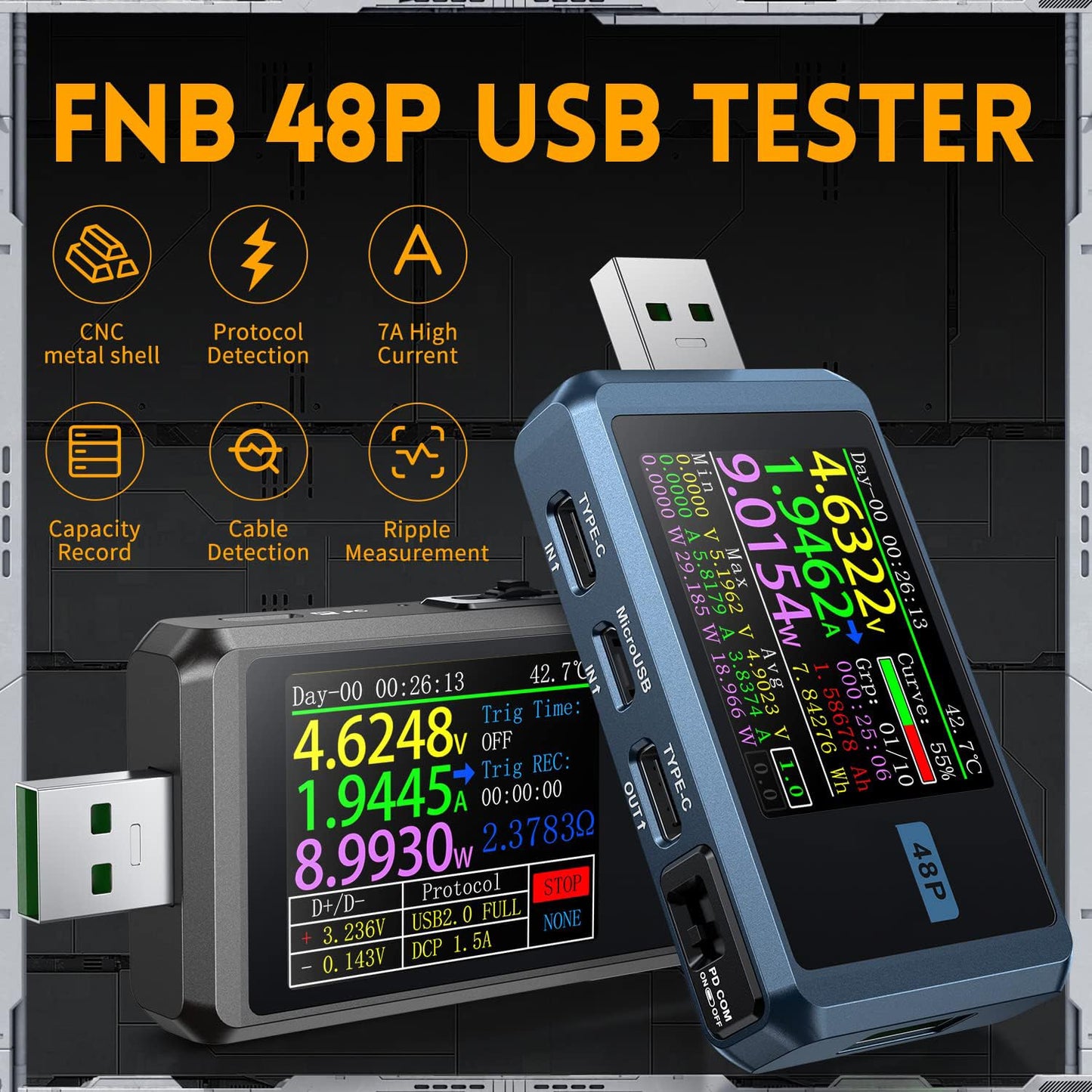 FNIRSI USB Tester 4-24V 6.5A LCD USB A&C Voltage Current Power Display Multimeter with App Software, Fast Charge Detection Trigger, PD2.0/PD3.0,QC2.0/QC3.0, CNC Metal Shell