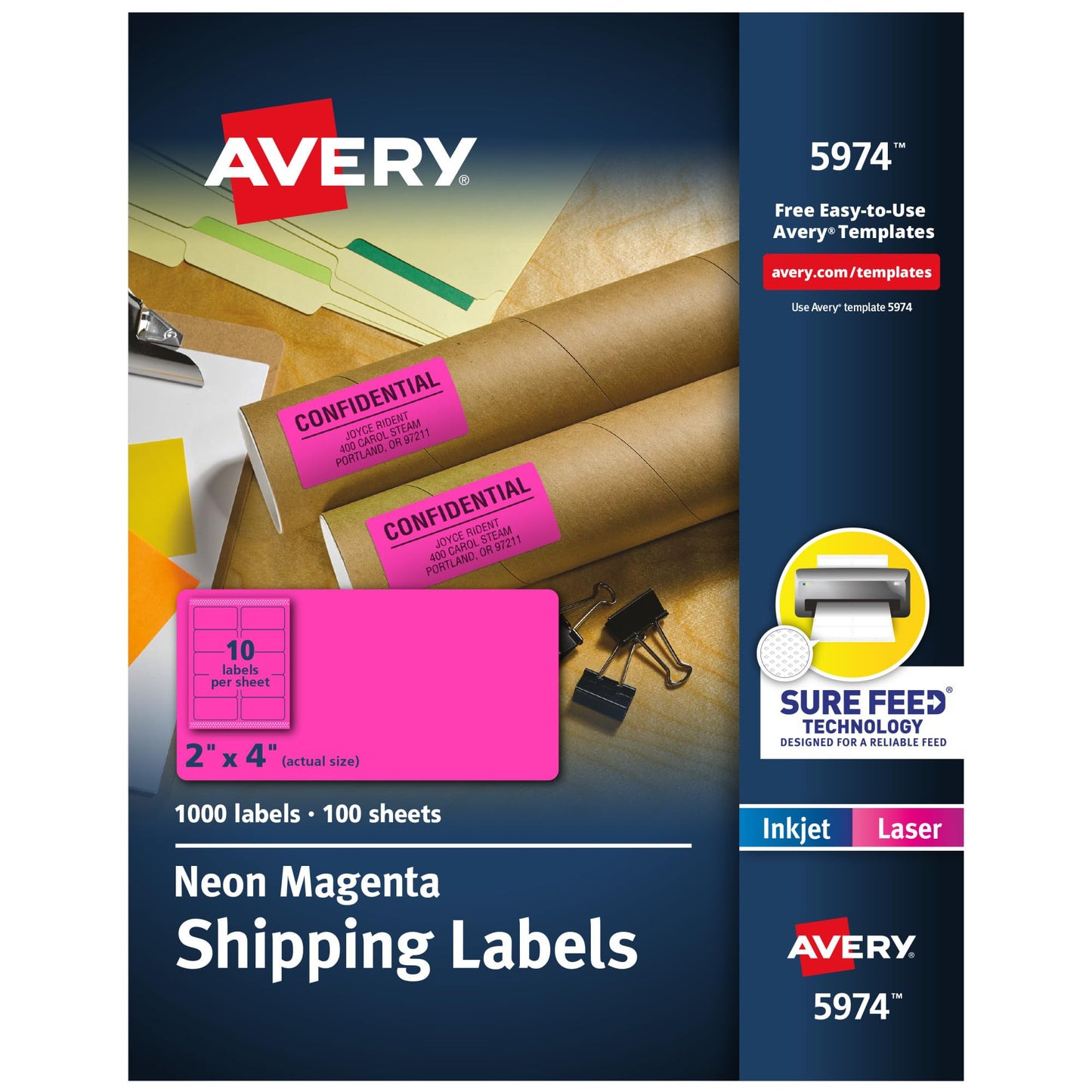 Avery Printable Shipping Labels with Sure Feed, 2" x 4", Neon Magenta, Laser & Inkjet Compatible, 1,000 Blank Labels Total, Great for Branding, Mailing, Organizing, and More (5974)