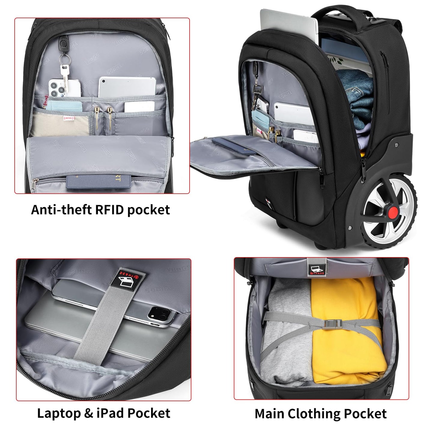 GOTECH Rolling Backpack,Waterproof Backpack with Wheels for Business and Travel Commuter, Carry on Backpack with Laptop Compartment, Fit 17 Inch Laptop, Wheeled Backpack for Adults