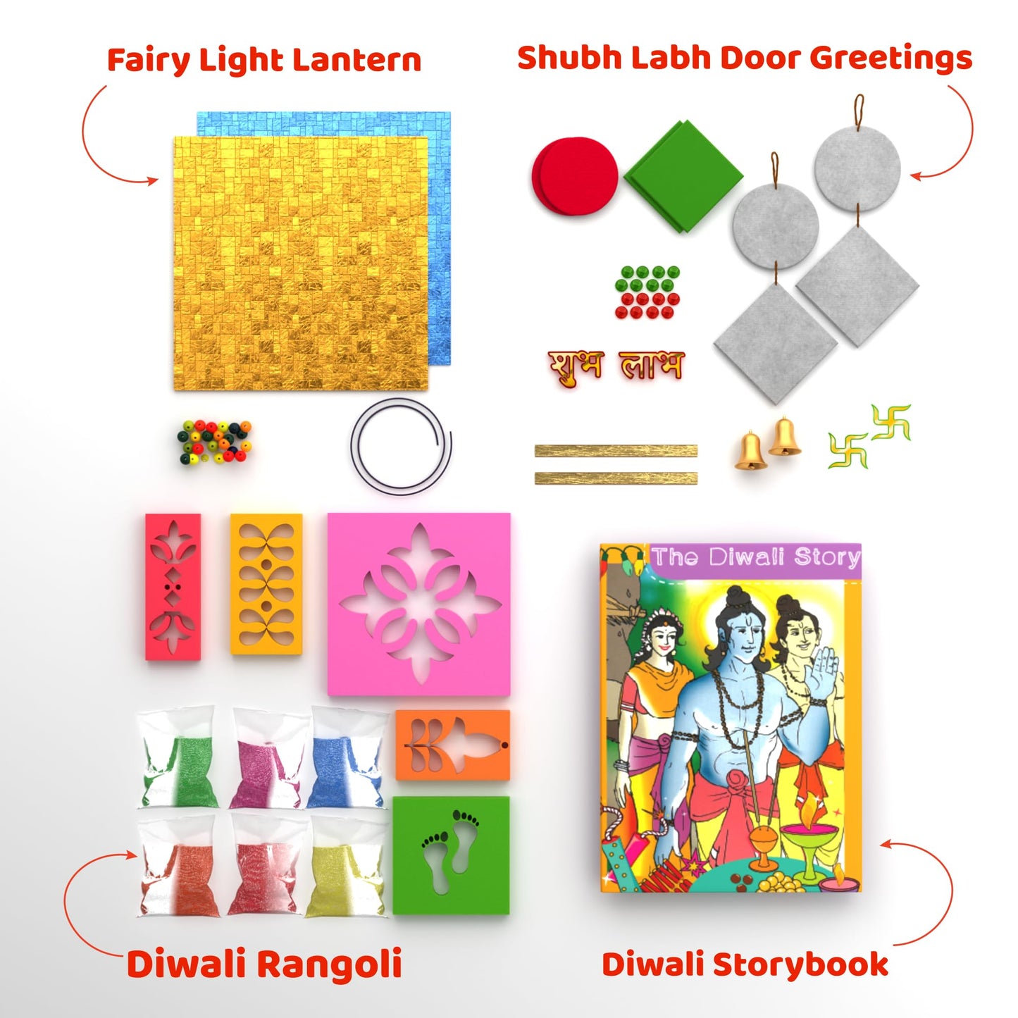 jackinthebox Diwali 4-in-1 Craft Kit for Kids & Adults, Great Diwali Gift for Girls, Boys 5 Years and up, 4 Activities - Rangoli, Shubh Labh Door Greetings, Diwali Lantern & Diwali Story Book
