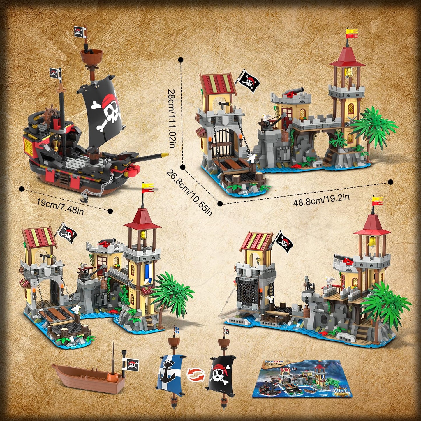 INSOON Pirate Castle Building Set with Light, 3 Modes Big Pirates Ship Bay Building Block 1502 PCS, Medieval Pirate Wharf House Construction Model Toy Home Decor for Adults Teens Boys Girls 10+