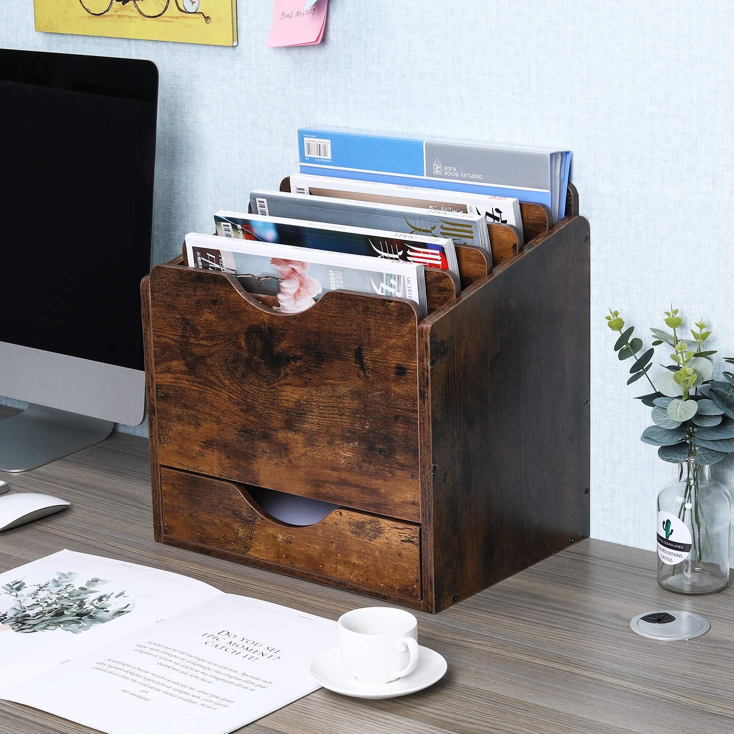 PAG Wood Desktop File Holder Organizer Mail Sorter with Drawer, for File Folders, Mails, Envelopes, Mailing Supplies or Magazines, 6 Compartments, Antique Brown