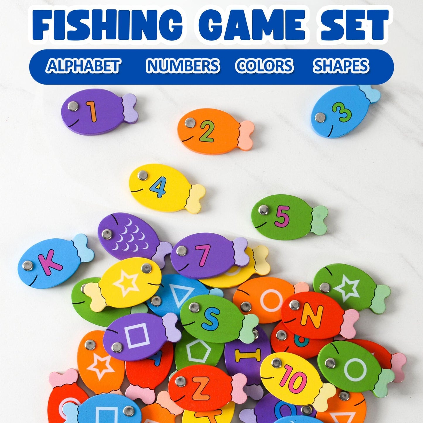 Magnetic Wooden Fishing Game – Interactive ABC Alphabet, Numbers, Shapes & Colors 4-in-1 Learning Board | Montessori Educational Toy for Kids | Complete Set with 36 Fish, 2 Poles & Wooden Board