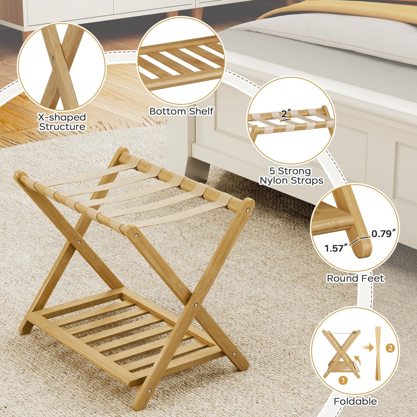 oakvivo Fully Assembled Luggage Rack, 26.77" Luggage Rack for Guest Room, Bamboo Folding Suitcase Stand with Storage Shelf, 5 Nylon Straps, Heavy Duty Luggage Holder for Bedroom Hotel, 1 Pack, Natural