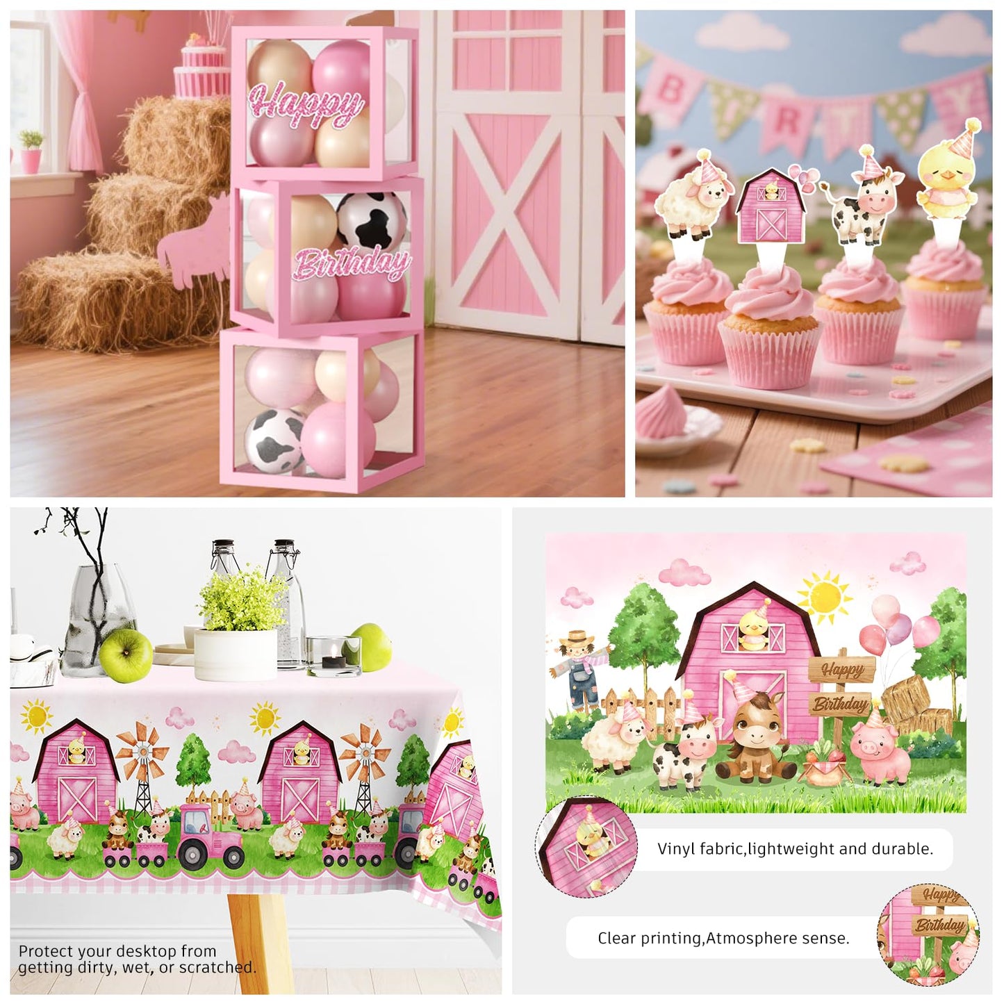 Fexivo 313pcs Farm Birthday Decorations for Girl, Worry-free One-stop Set for 25 Guests, with Thick Plates Banner Centerpieces and Cupcake Toppers, Easy Setup for Farm Themed Party