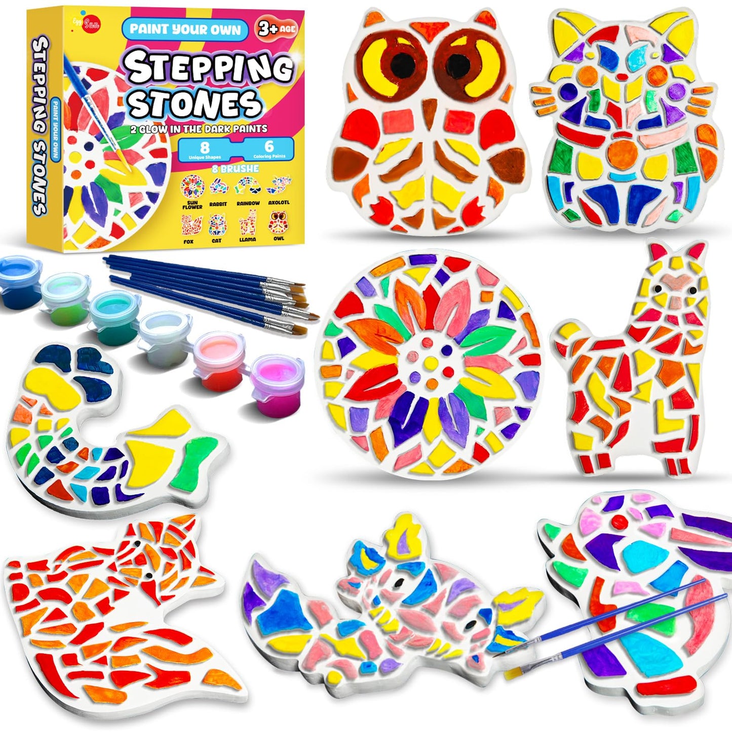 EggSun 8Pcs Stepping Stones Painting Craft Kit for Kids 4 8 6, DIY Garden Stones Outdoor Paint Your Own Ceramic Rainbow Arts and Crafts for Boys Girls Ages 4 7 9 10 12 Birthday Gifts