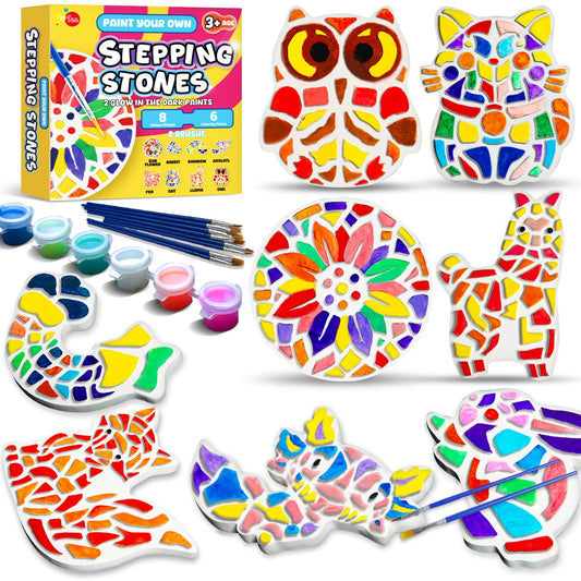 EggSun 8Pcs Stepping Stones Painting Craft Kit for Kids 4 8 6, DIY Garden Stones Outdoor Paint Your Own Ceramic Rainbow Arts and Crafts for Boys Girls Ages 4 7 9 10 12 Birthday Gifts