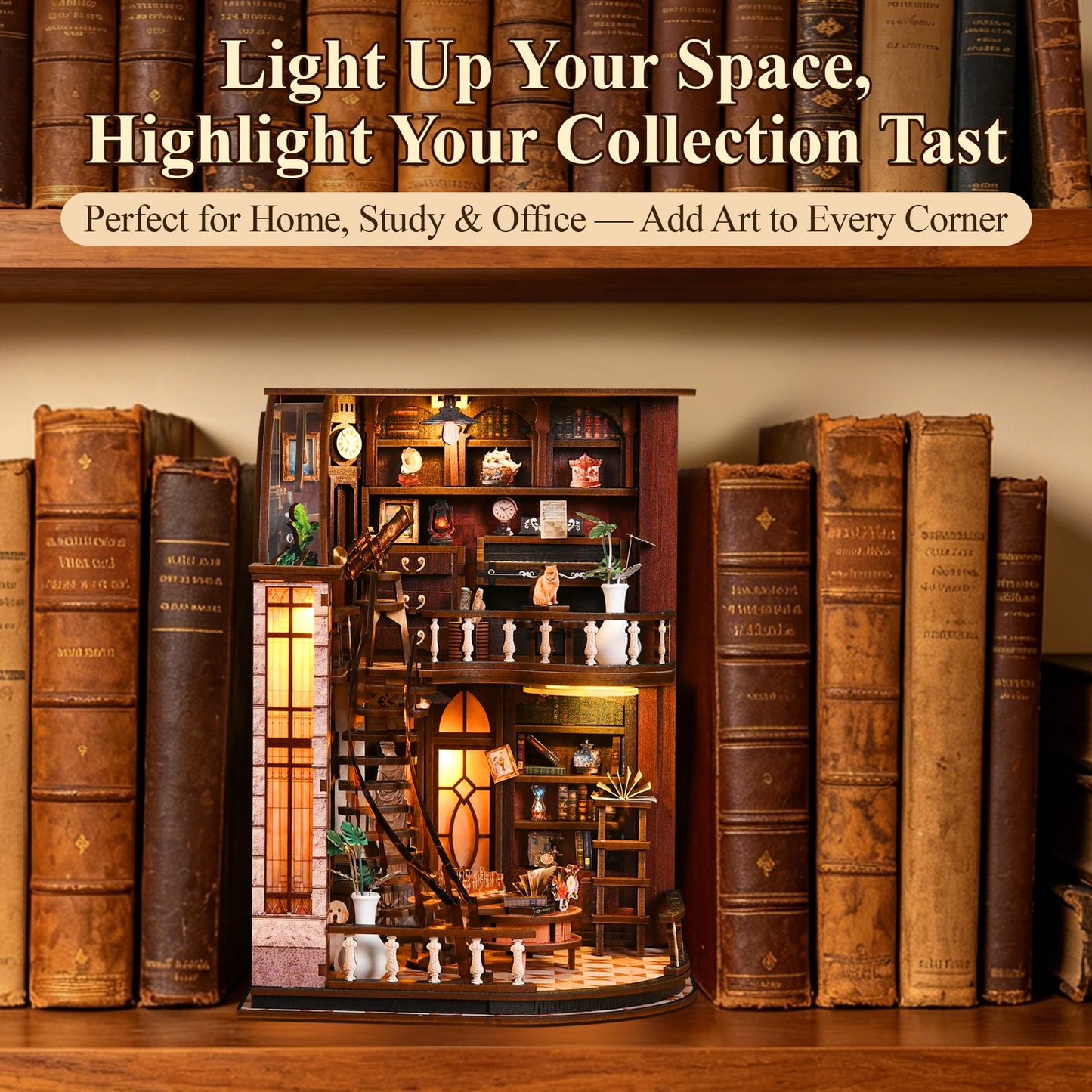 SUNNINO Library Book Nook Kits for Adults, DIY Miniature Dollhouse Bacchus Book Nook Kit, 3D Wooden Puzzle Bookshelf Decor Craft Kits Gift with Led Light for Friend Family