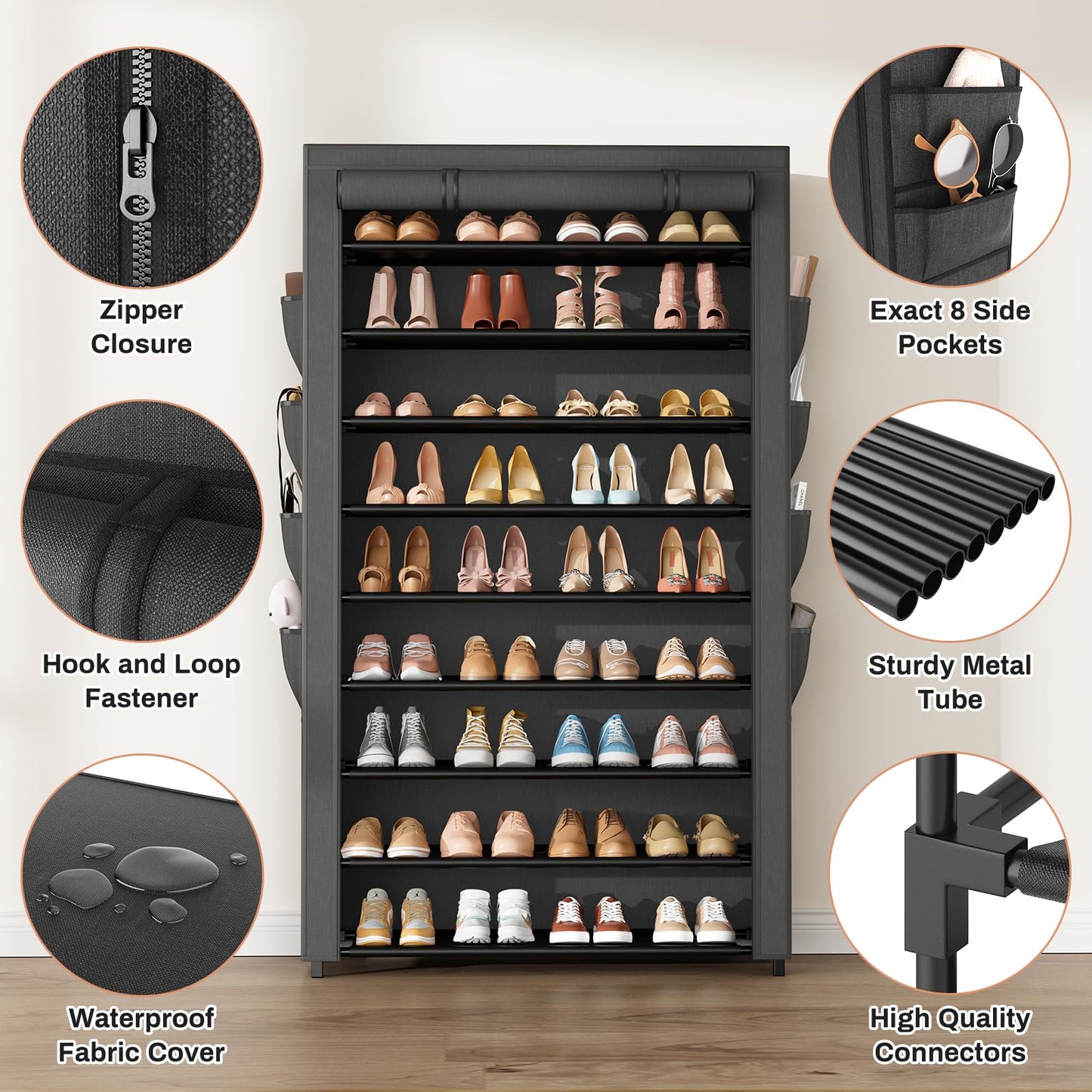BrFoYu Shoe Rack with Cover, 10 Tier Shoe Organizer Storage for 40-50 Pairs Sneaker and Boots, Large Capacity, with 8 Pockets, Free Standing Tall Shoe Rack for Front Door Entrance, Closet