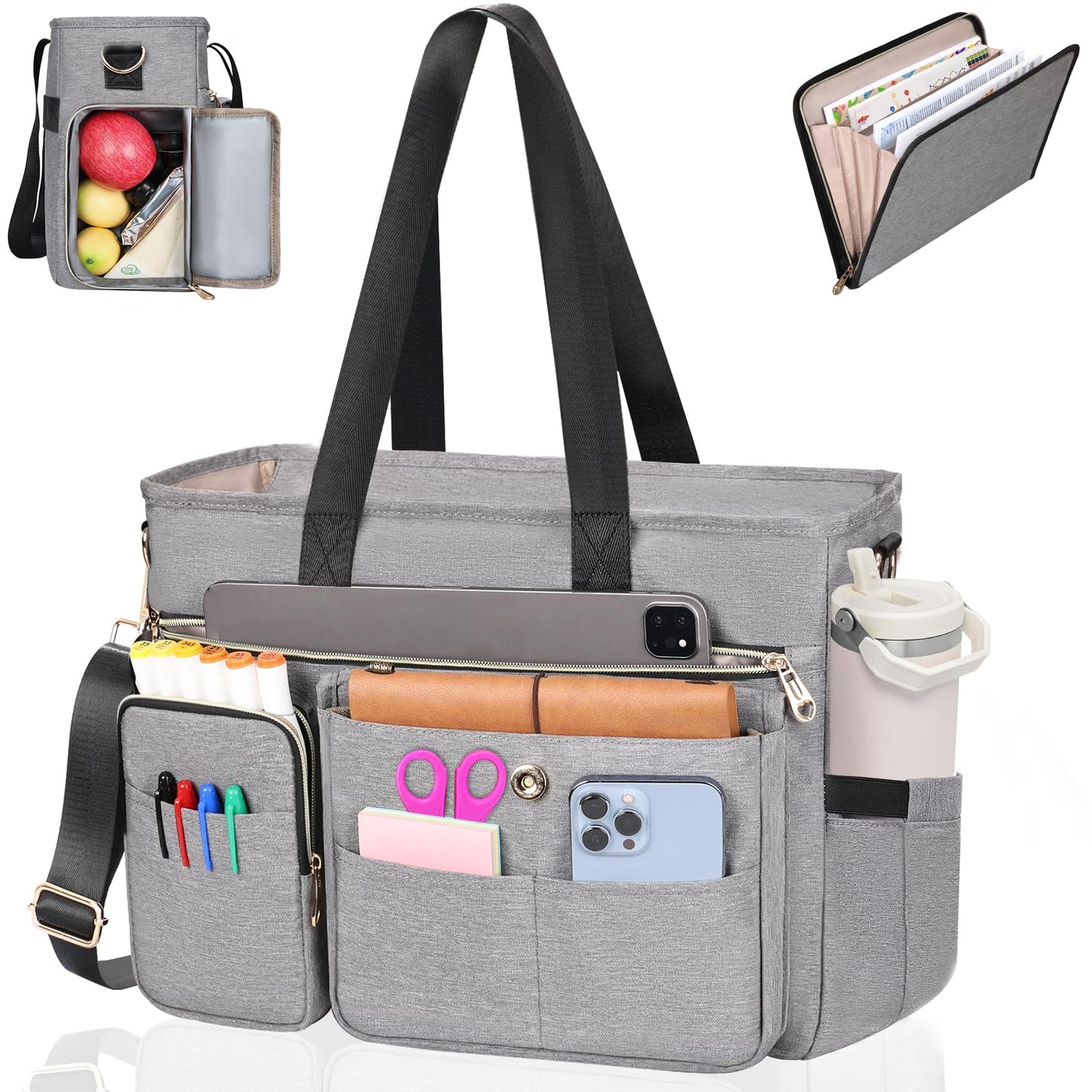 ESTARER Teacher Tote Bag for Women 2Pcs, 15.6'' Laptop Work Bag Computer bag w/Expandable File Folder, Large Water-Resistant Messenger Shoulder bag w/Insulated Pocket for Office/Travel/College, Grey