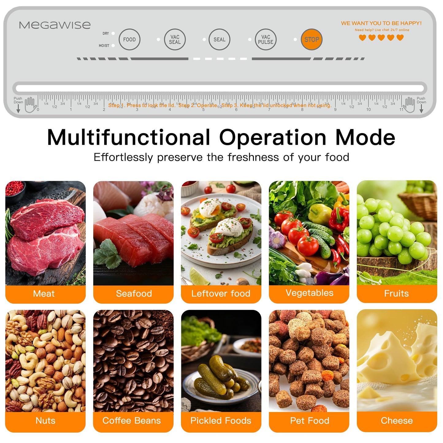 MEGAWISE 2025 Powerful Vacuum Sealer Machine | Compact Design | One-Touch Automatic | Seal in 10-20 Seconds | Dry, Moist, Wet, and Cold Modes | With 10 Vacuum Bags & Built-in Cutter