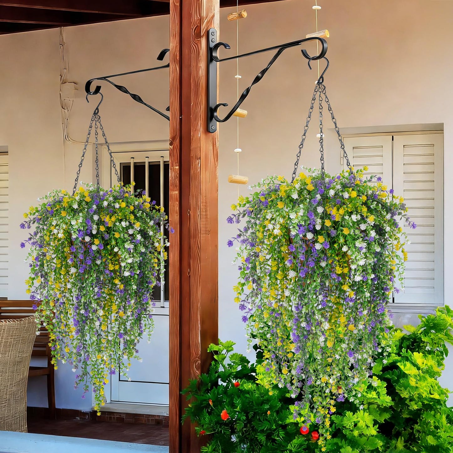 MHMJON 2 Set Artificial Flower Hanging Baskets for Outdoors, 20Pcs Fake Hanging Plants, Outdoor Faux Flowers UV Resistant for Spring Summer Porch Patio Garden Home Decoration (White+Purple+Yellow)